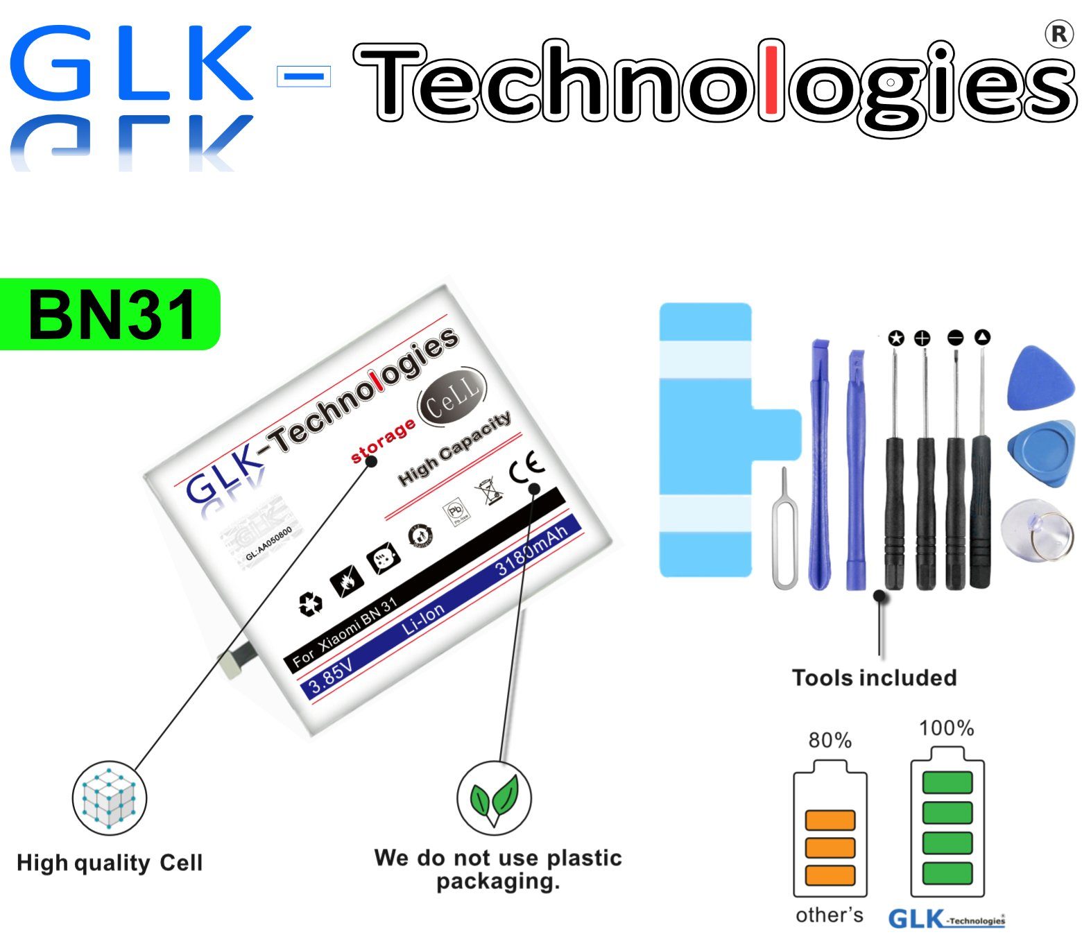 Akku Werkzeug GLK-Technologies S2 Original mAh mAh Xiaomi High Set Kit accu, für Note A1 Ersatzakku Redmi 5A Power Battery, NEU Mi 5X 3180 Smartphone-Akku Akku, Mi Y2 BN31, GLK-Technologies inkl. 3180
