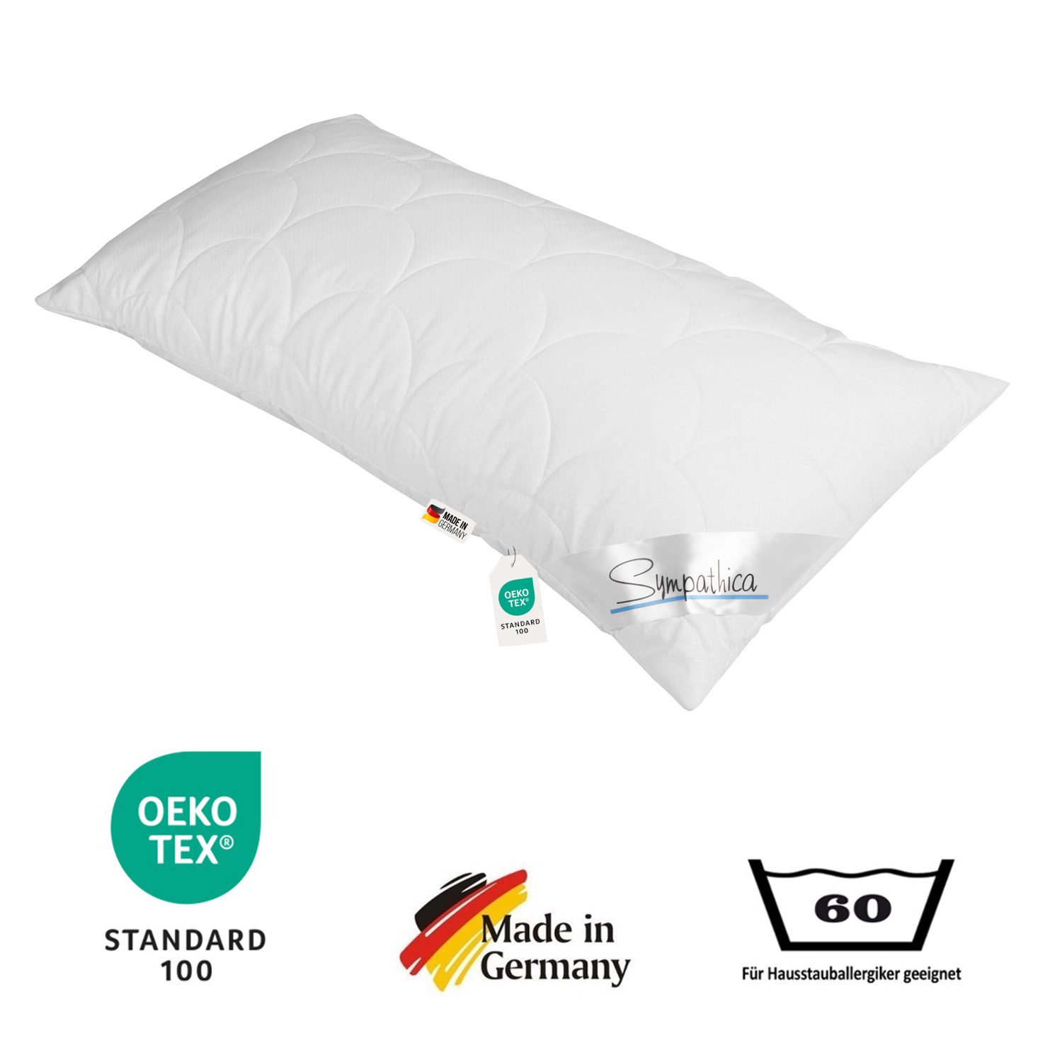 Sympathica Kunstfaserkopfkissen Sympathica Allergiker Kopfkissen atmungsaktive Klimafaser 40x80 60°C, Füllung: Faserkugeln, Bezug: Microfaser Batist, Seitenschläfer, Rückenschläfer, Bauchschläfer, Hergestellt in Deutschland