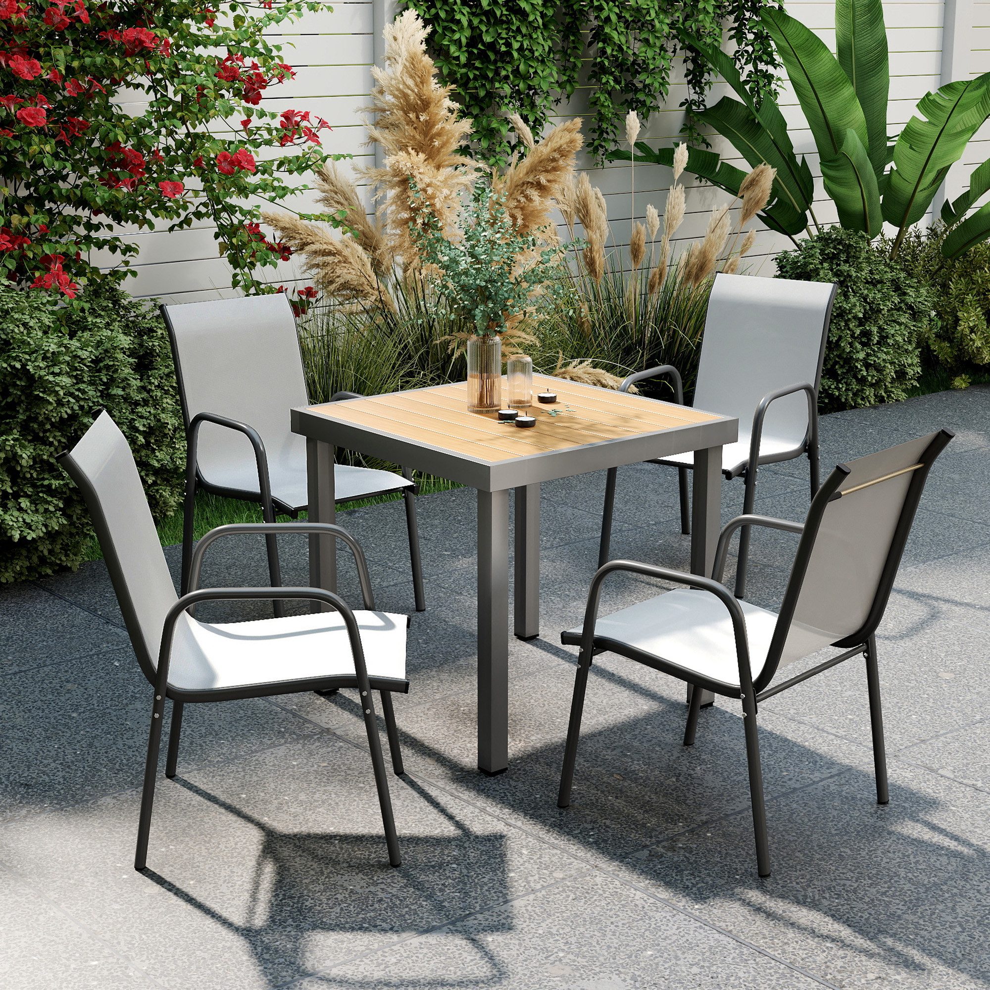 Outsunny Gartenstuhl mit Atmungsaktive Rücken, Armlehnen (Gartenstühle, 4 St), für Garten Balkon Terrasse 51 x 69 x 87 cm Hellgrau