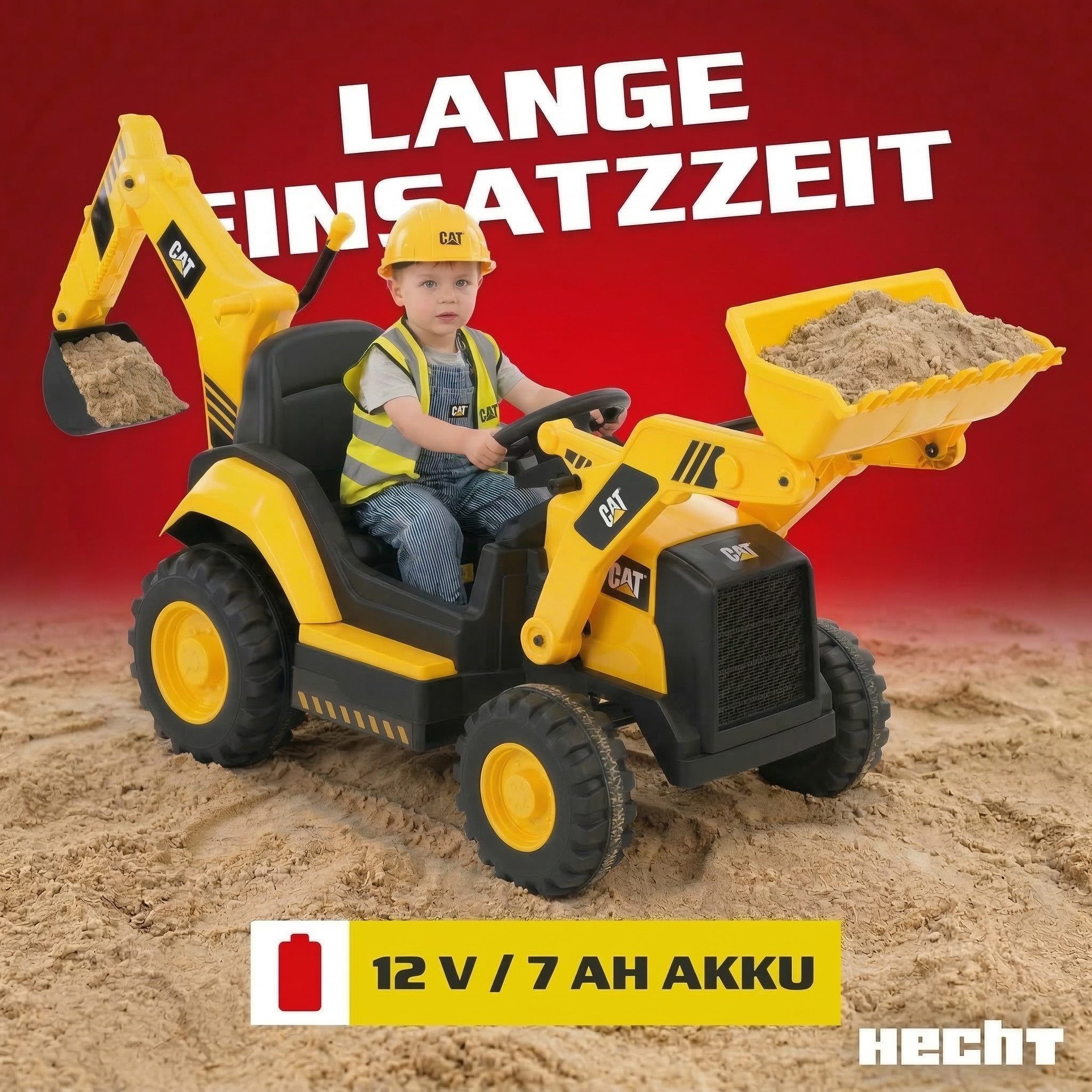 Hecht Elektro-Kindertraktor Elektrotrecker Caterpillar mit Fernbedienung bis 5km/h, Baggerarm, Belastbarkeit 30 kg, Radio, Bluetooth, AUX, 12V / 7 Ah, 2x 40W, bis 30kg