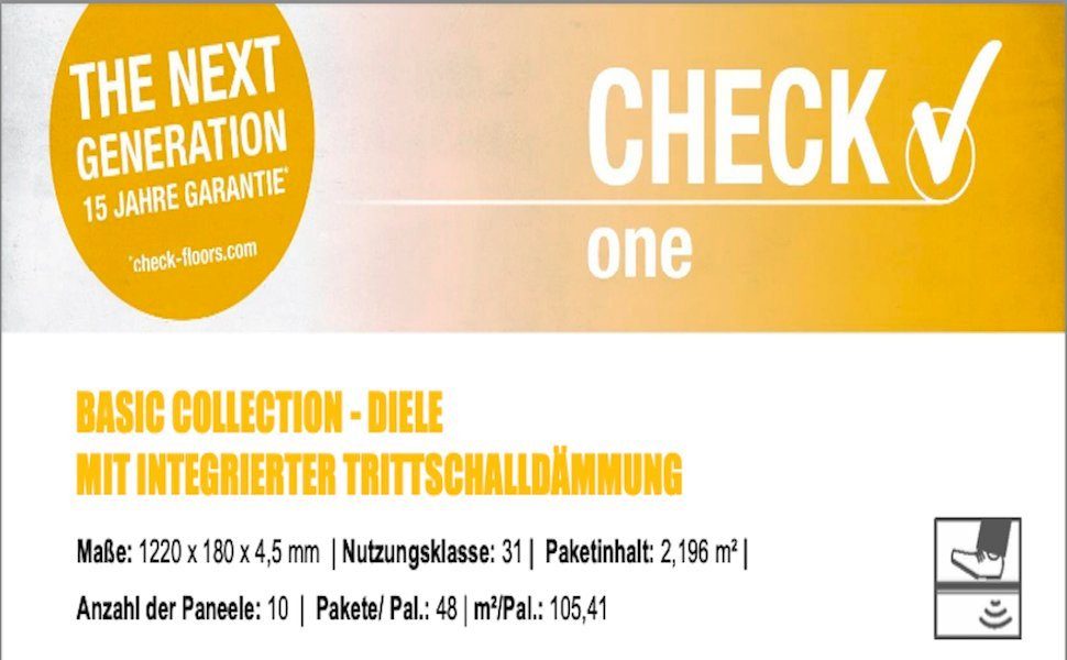IKHEMalarka Vinylboden Click Vinylböden CHECK ONE 2,196 m² - 10 Stück Vinylboden Bodenbelag, mit Trittschalldämmung, Boden Click Vinyl-Dielen