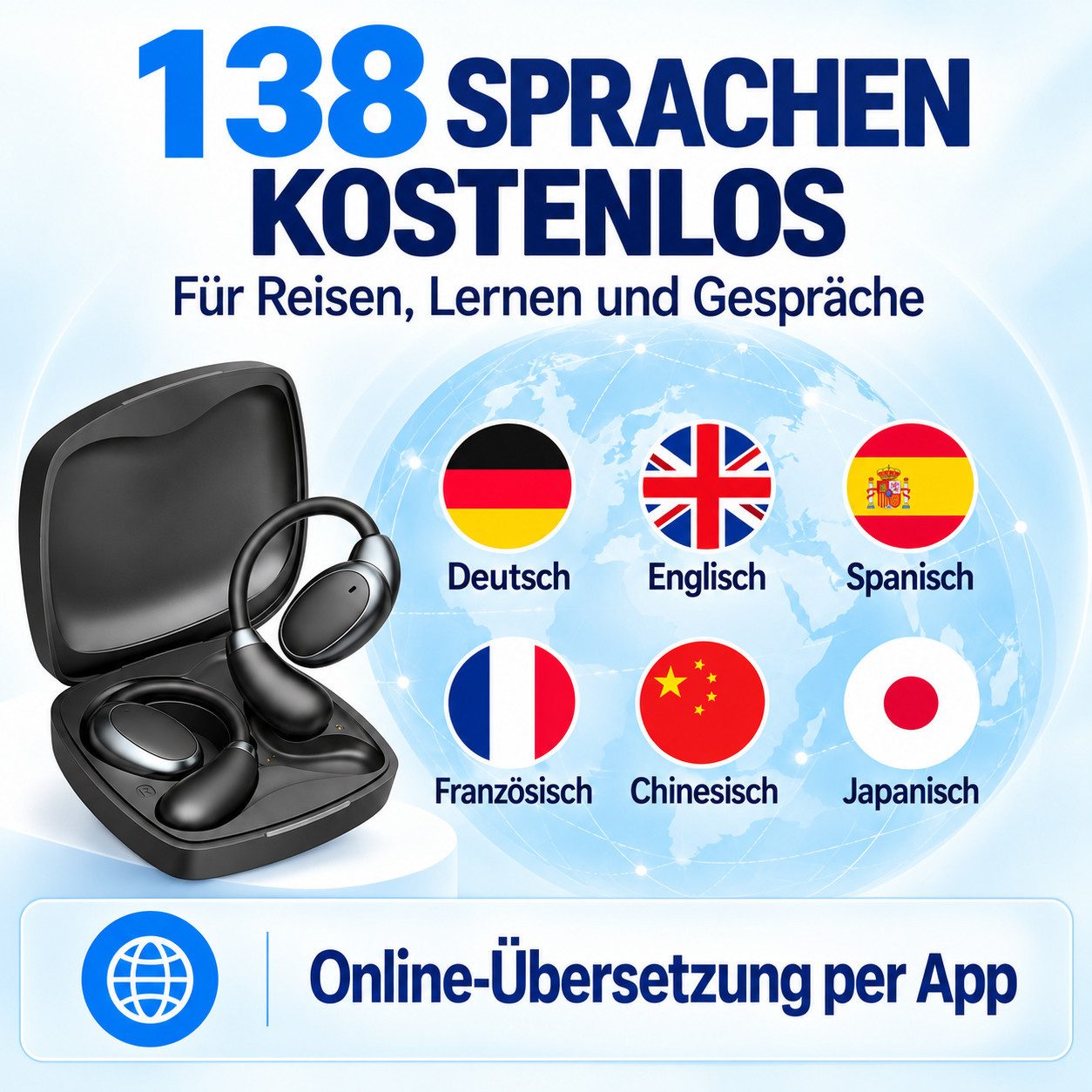 Forrlite Übersetzungskopfhörer mit Bluetooth und Ohrbügel Open-Ear-Kopfhörer (Sportkopfhörer mit Echtzeit-Übersetzung für Reise und Lernen, 138 Gratis-Sprachen, – Bild 5 von 5
