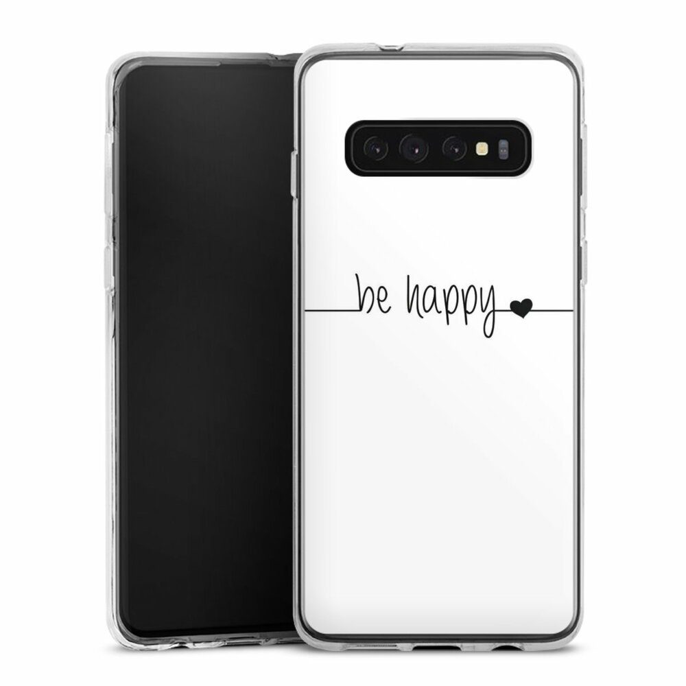 DeinDesign Handyhülle Statement Sprüche Glück Be Happy weisser Hintergrund, Samsung Galaxy S10 Plus Silikon Hülle Bumper Case Handy Schutzhülle