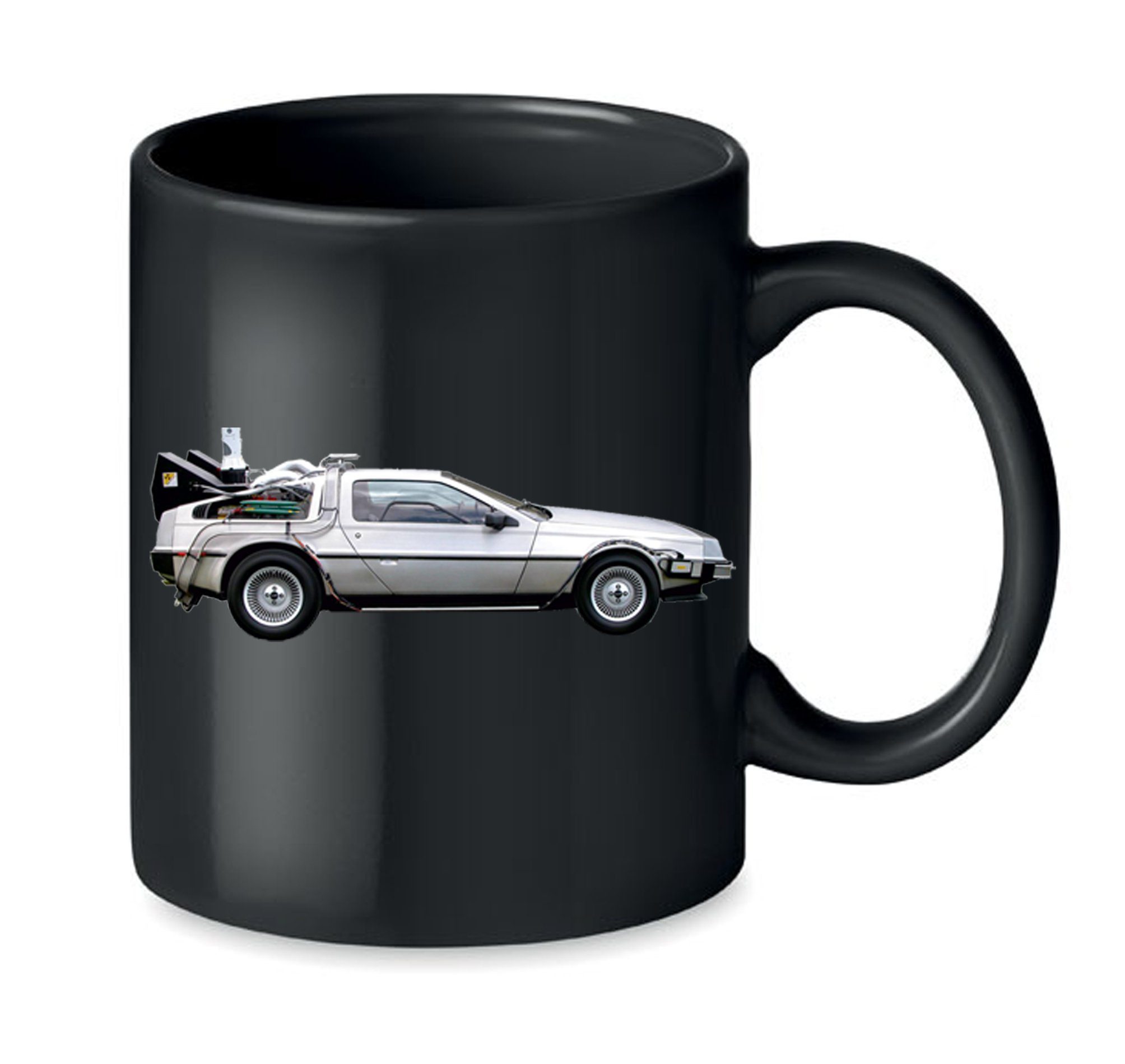 Blondie & Brownie Tasse Delorean Auto Zukunftsreise Zukunft Zeitmaschine in Schwarz und Weiß, Keramik, Spühlmaschinenfest