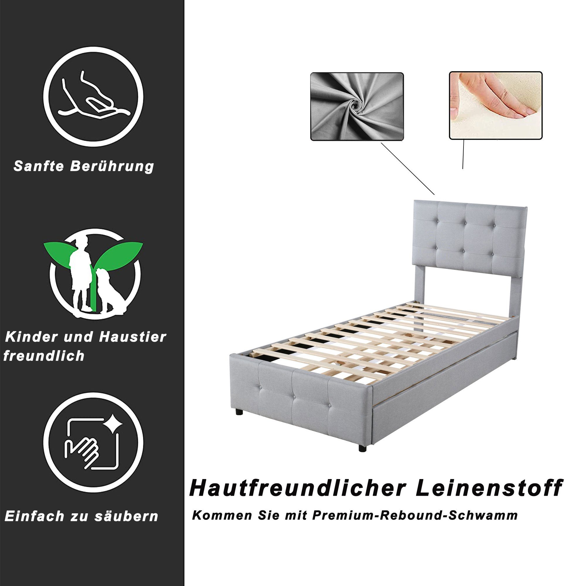 Polsterbett (Einzelbett 90x200cm), mit verstellbarem Kopfteil und Ausziehbett 90x190cm, Bezug aus Leinen