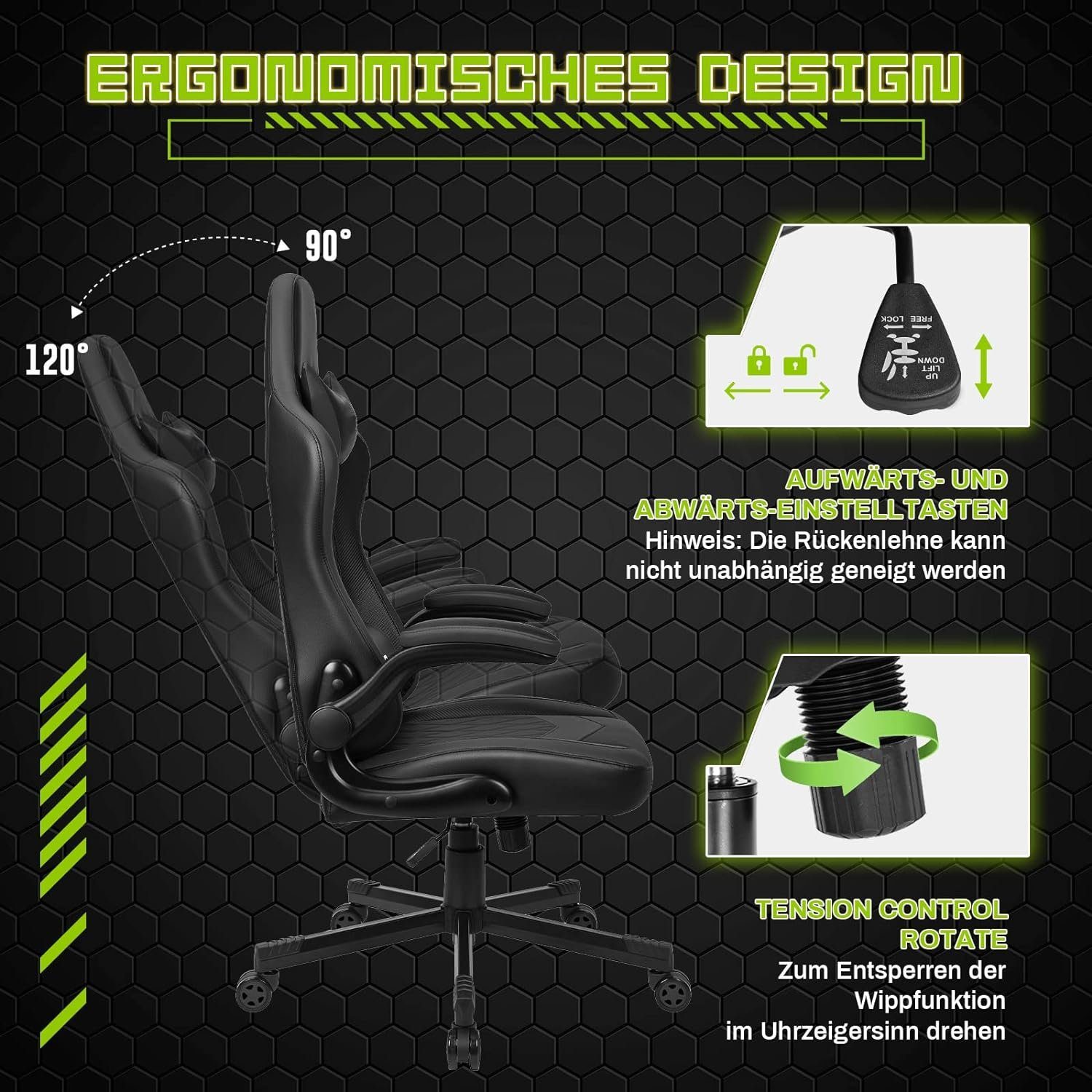 150KG armlehnen und hochklappbarer Gaming Bürostuhl BASETBL Rückenlehne hoher Schreibtisch,Chefsessel, ergonomisch klappbaren mit (PC breite Atmungsaktiv,bis Gaming sitzfläche, mit mit Stuhl Rollen), Chair