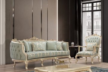 Casa Padrino Sessel Luxus Barock Sessel Grün / Antik Gold - Prunkvoller Wohnzimmer Sessel mit elegantem Muster - Barock Wohnzimmer Möbel