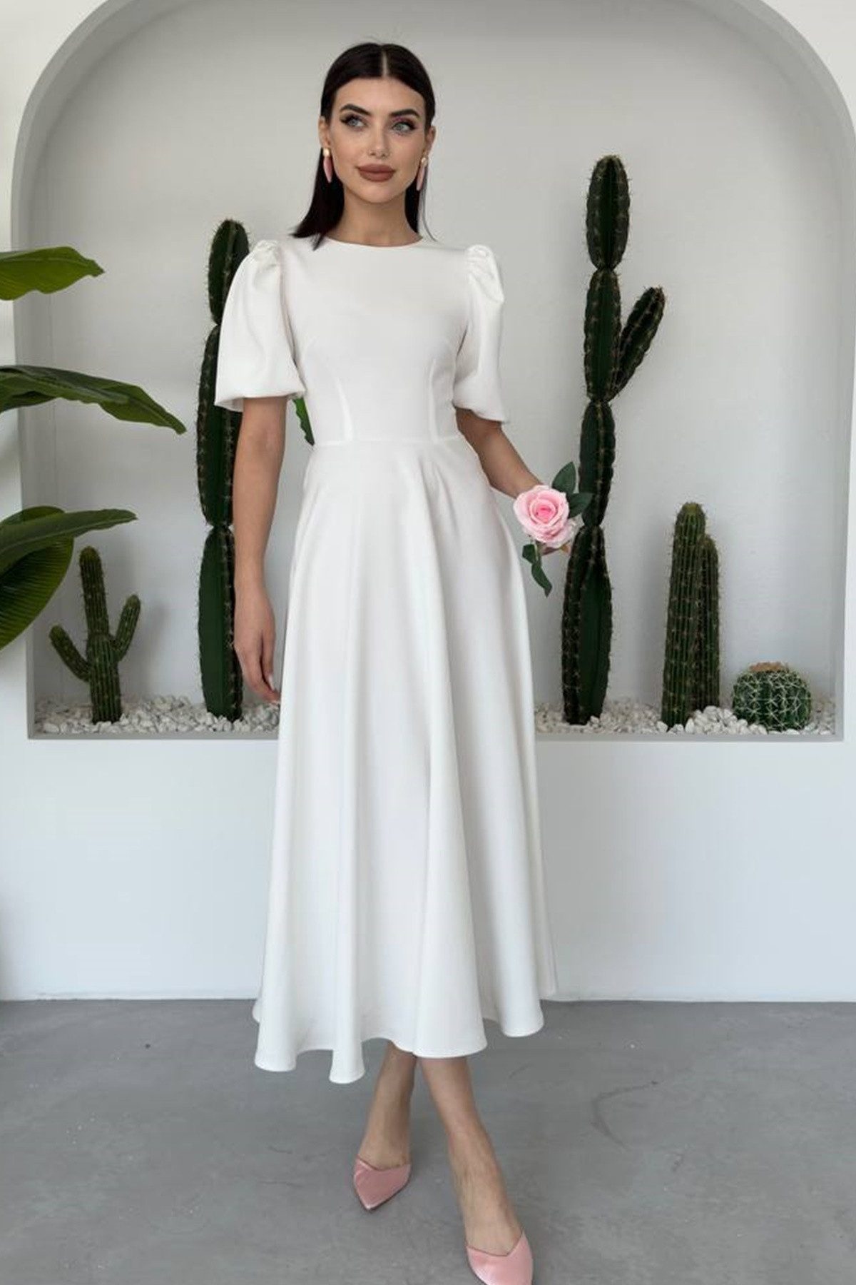 WOMAN VISION Minikleid Schwarzes Atlas-Stoff Prinzessin Ärmel Midi-Kleid