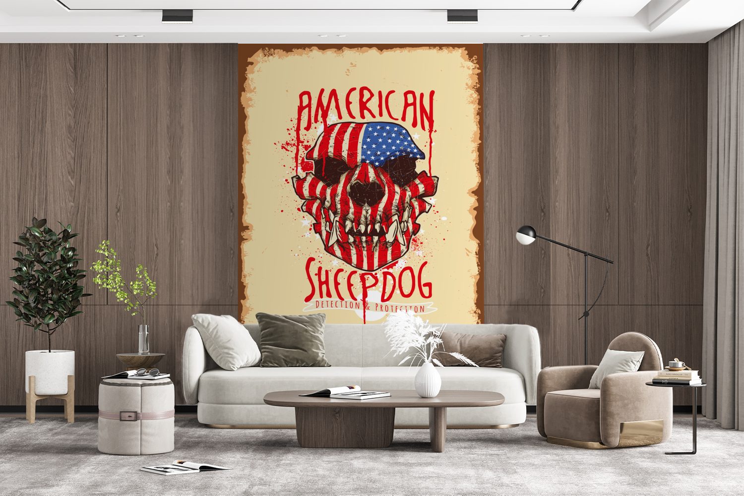 Hund, Amerika bedruckt, Fototapete Montagefertig Wandtapete (3 St), - für Wohnzimmer, Vinyl MuchoWow - Tapete Matt, Jahrgang
