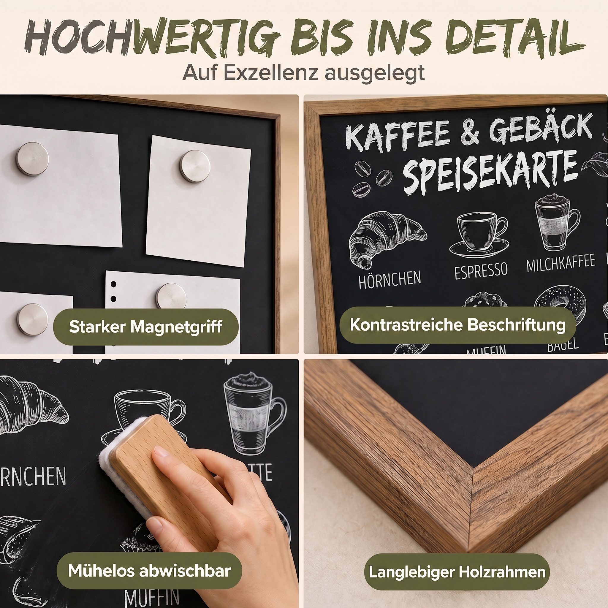 Goods+Gadgets Magnettafel Magnettafel Kreidetafel – Holzrahmen Magnet Board für Küche & Büro, (Magnet-Tafel zum Aufhängen, mit Holz-Rahmen), inkl. Kreidestift & – Bild 4 von 5