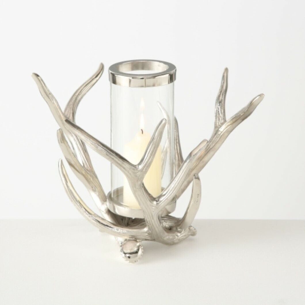 Windlicht Windlicht Geweih 2 tlg. Aluminium silber Kerzenhalter H 25 cm
