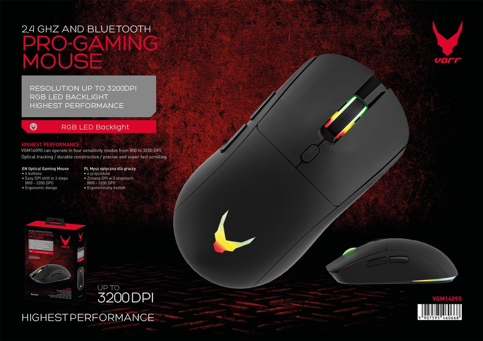 Varr VGM16090 Gaming-Maus mit RGB-Beleuchtung und 3200 DPI Gaming-Maus (Bluetooth, kabelgebunden, Funk, 125 dpi, RGB-Gaming-Maus mit 2,4 GHz- und Bluetooth-Verbindung)