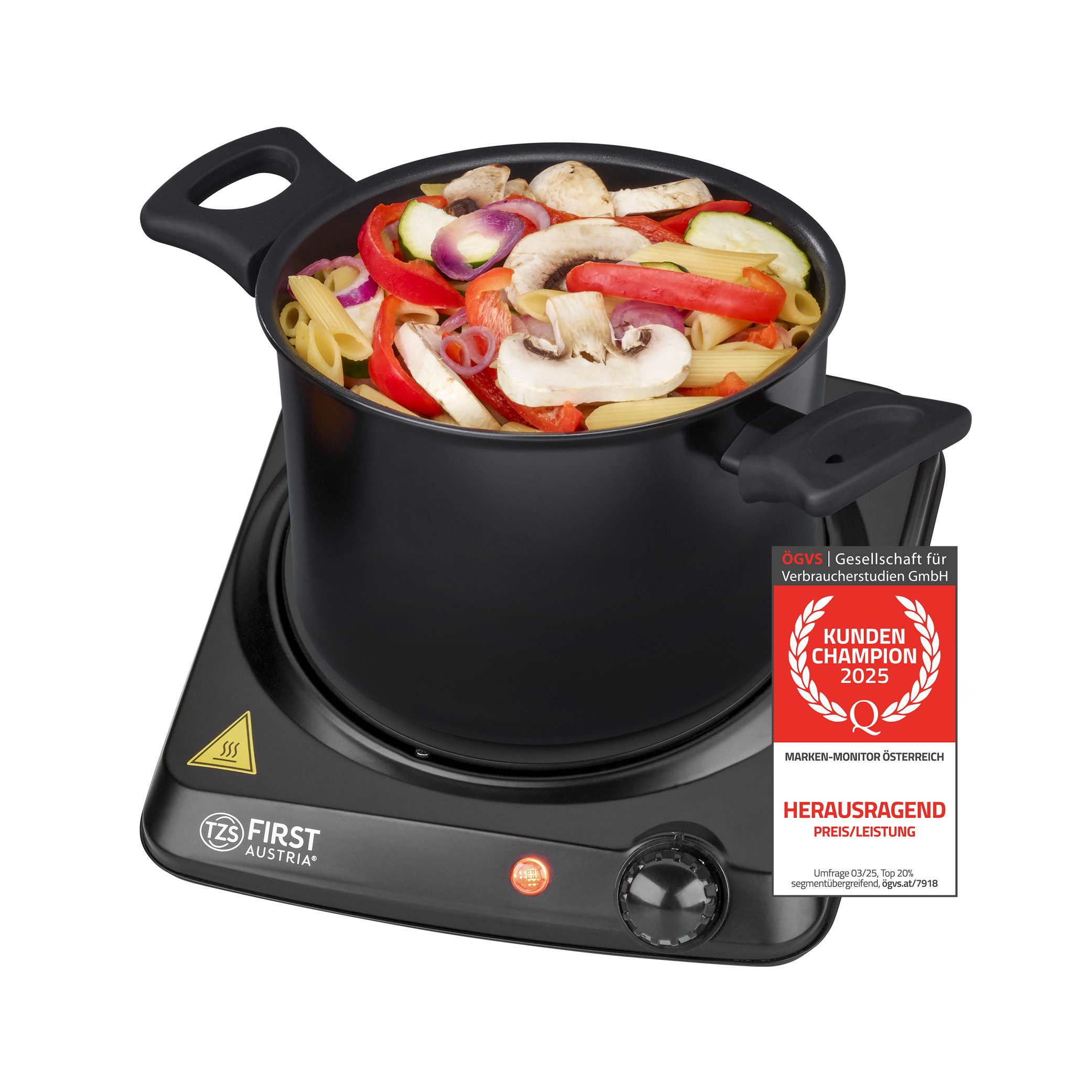 TZS FIRST AUSTRIA Einzelkochplatte 1200W, Infrarot, Stufenlose Thermostatsteuerung, Glaskeramik, Einzelherdplatte, 175 mm, Überhitzungsschutz, manuelle Bedienung