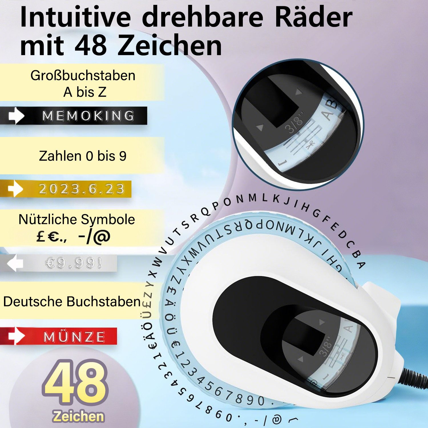 MOPUEA Tragbarer Etikettendrucker, 6-Rollen-Material, 3D-Druck, Handheld Etikettendrucker, (3D-Etiketten, wasserfest, einfach zu bedienen, „drehen und klicken)