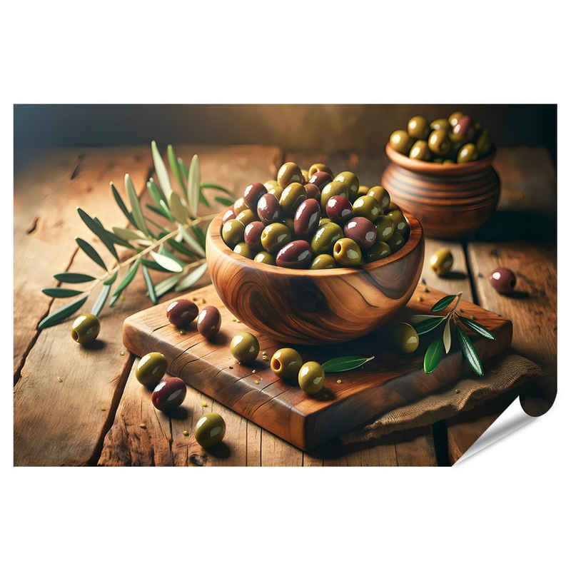 islandburner Poster Olivenzauber: Grüne & Kalamata-Oliven in Holzschale auf rustikalem Tis