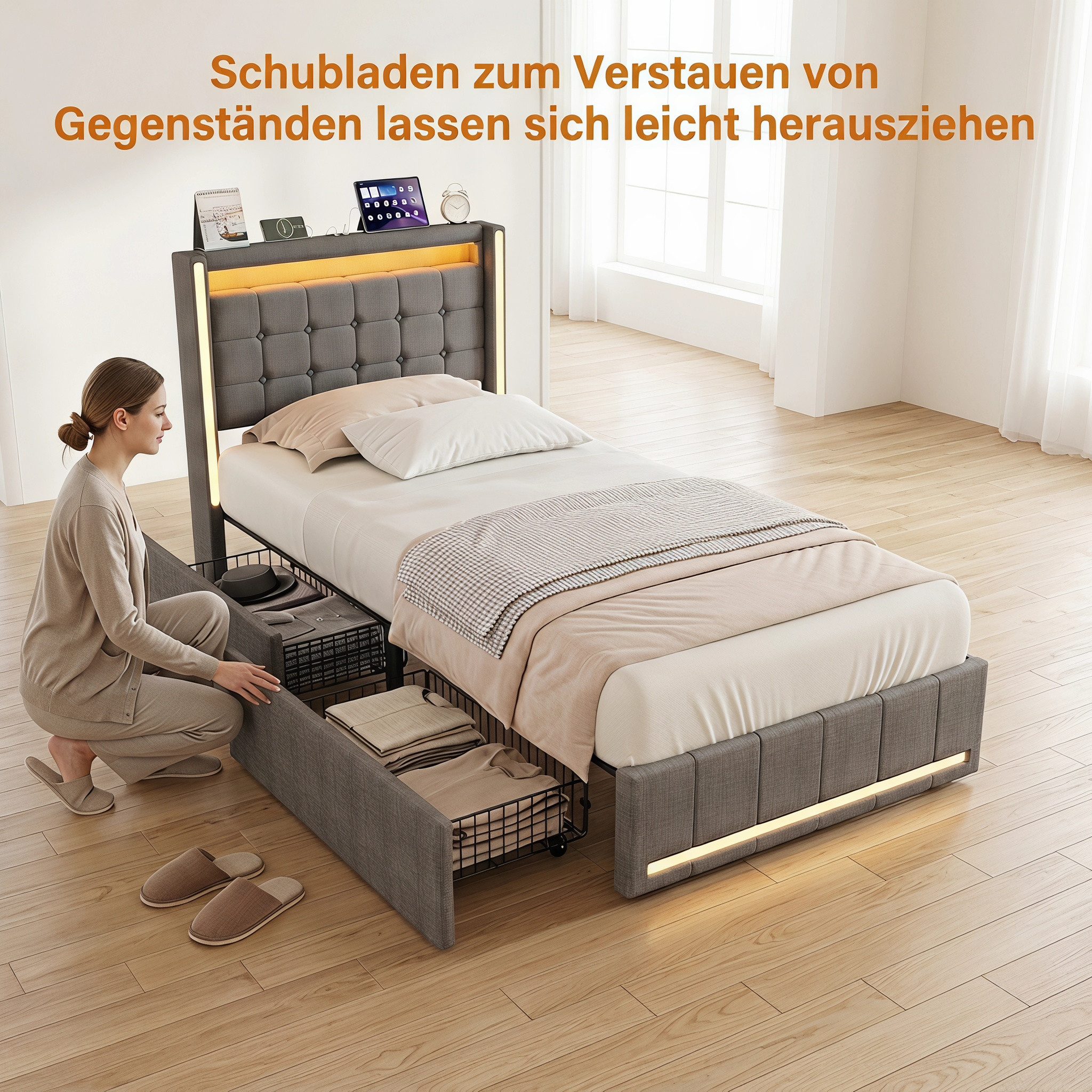 PXloue Polsterbett LED Doppelbett 140x200cm mit Ladefunktion und 4 Schubladen Polsterbett (Geeignet für Jugendliche und Erwachsene), Stauraumbett, mit RGB-LED, Lattenrost und praktischen Schubladen