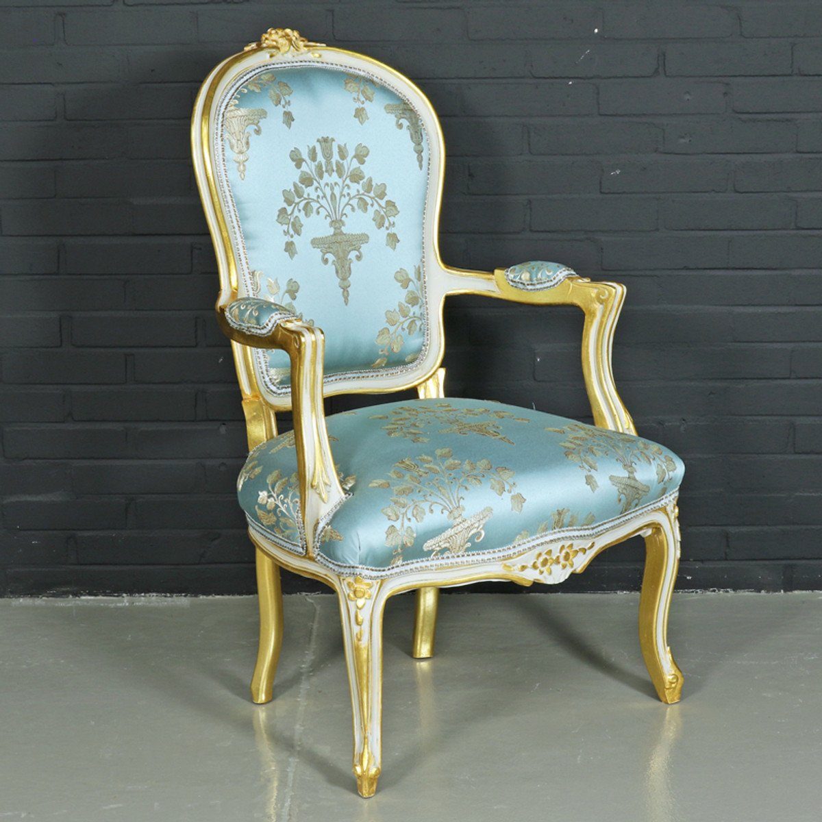 Barock Padrino "Medaillon" / Mod1 Besucherstuhl Armlehnen Gold mit Stuhl Salon Antikstil - Stuhl Helltürkis Casa