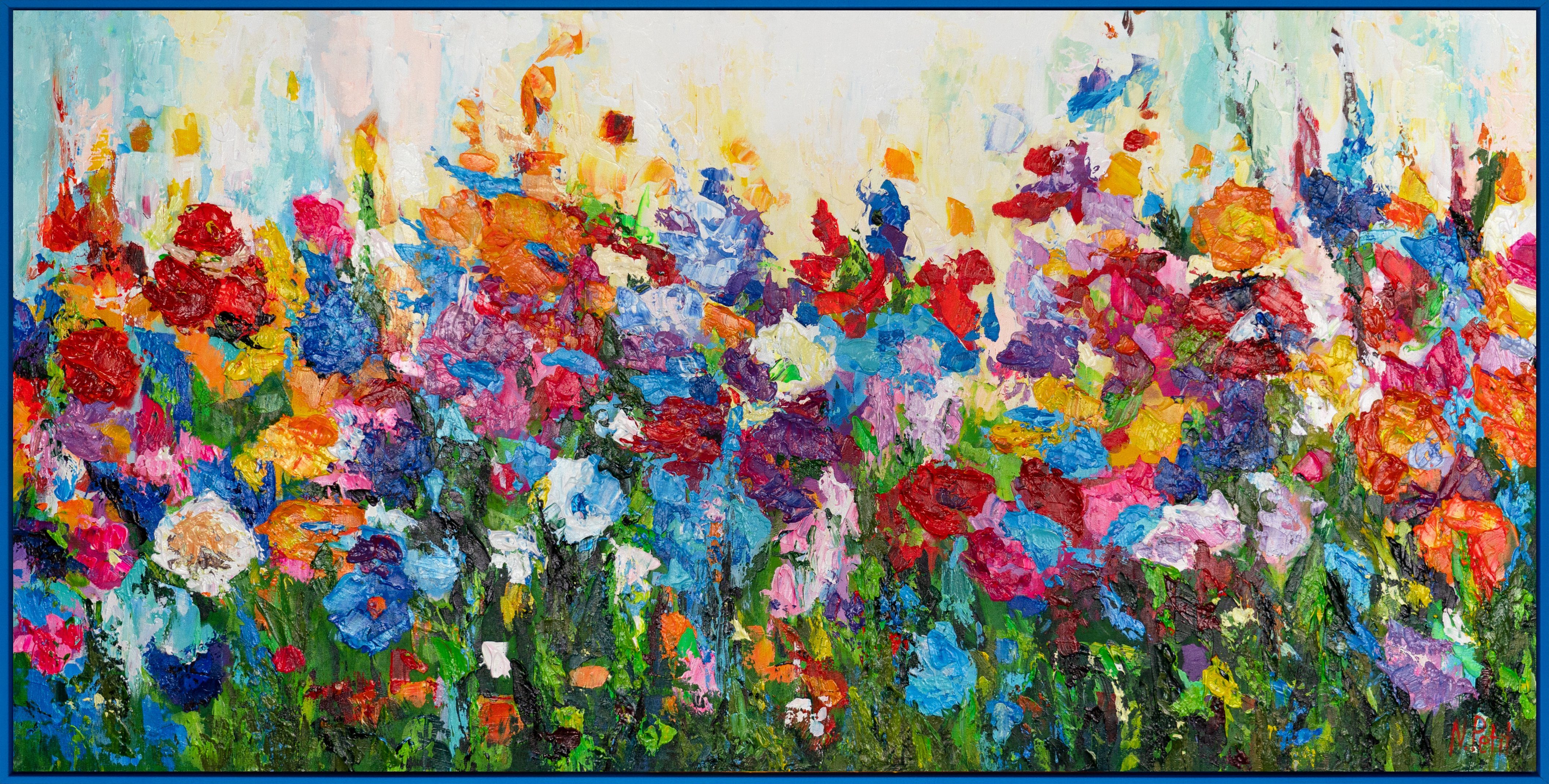 YS-Art Gemälde Blumen in Mit Blau Rahmen Blumige Farben