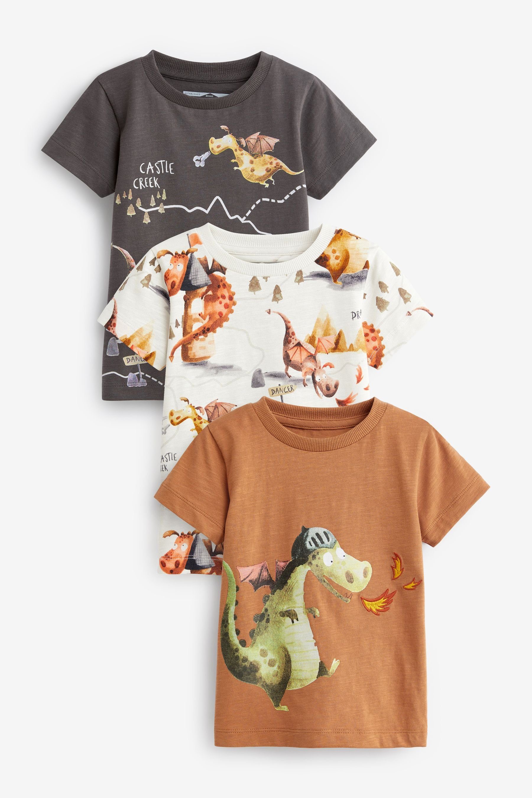 Next T-Shirt Kurzärmelige T-Shirts mit Figurenmotiv, 3er-Pack (3-tlg) Rust Brown Dragon