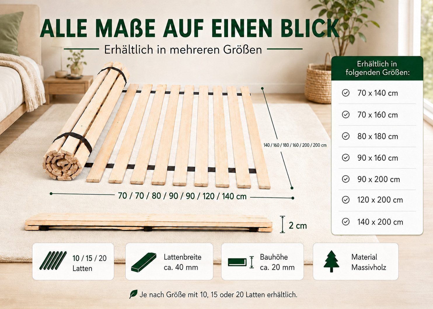 Lattenrost Rollrost 120x200 cm Holz 10 Leisten stabil belastbar Best for Home, Best for Home, Kopfteil Nicht verstellbar, Fußteil Nicht verstellbar – Bild 4 von 5