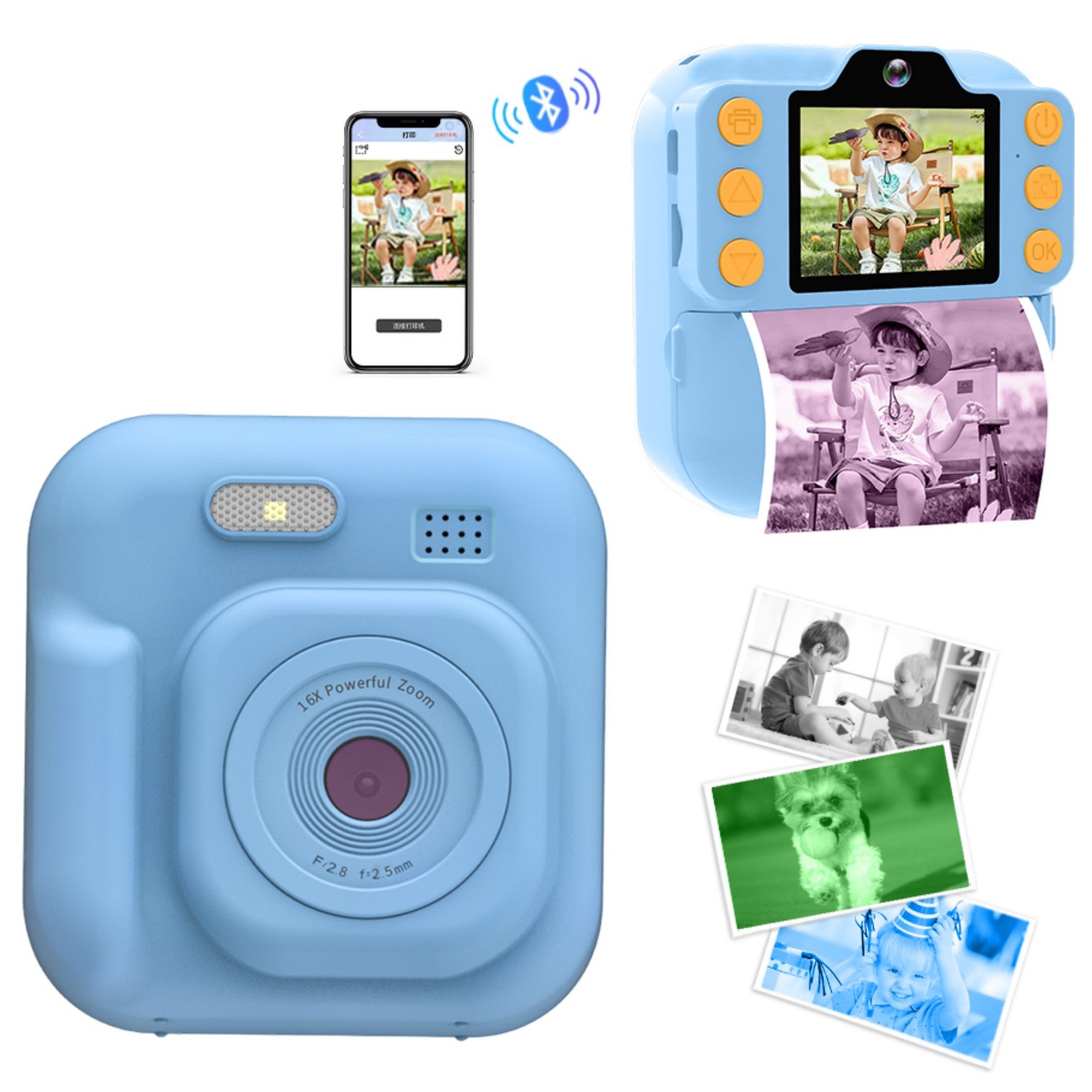 Blossom Kinder Sofortbildkamera Druckfunktion 1080P Digitalkamera Kinderkamera (48 MP, inkl. Videoaufnahme, DIY Graffiti, Spiele und Bluetooth 5.3, Dual Kamera mit Stickerpapier 2.0 Zoll IPS Bildschirm)