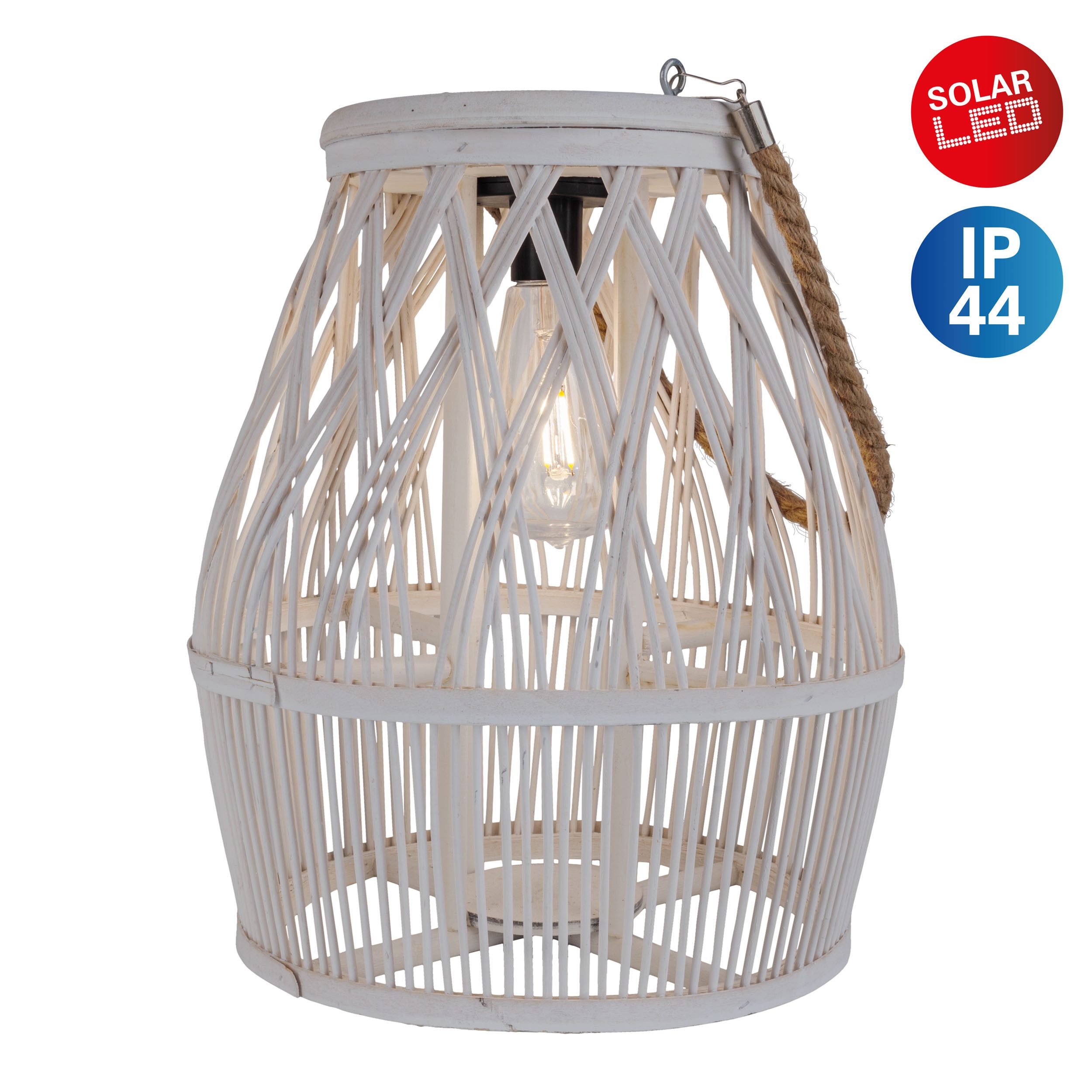 näve LED Solarleuchte Korbinian, Tageslichtsensor, LED fest integriert, Warmweiß, Korbleuchte (Rattan) weiß mit LED Birne warmweiß, inkl. Akku, H: 34cm