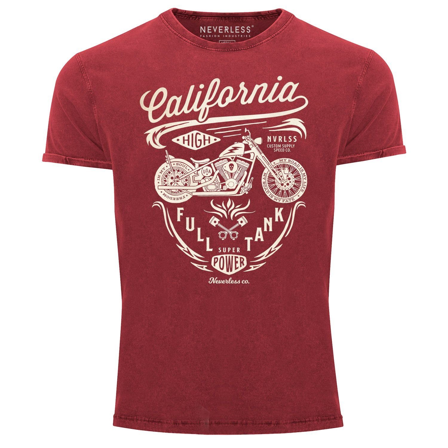Neverless Print-Shirt Herren Vintage Shirt Biker Motorrad Schriftzug California Full Tank Used Look Slim Fit Neverless® mit Print rot