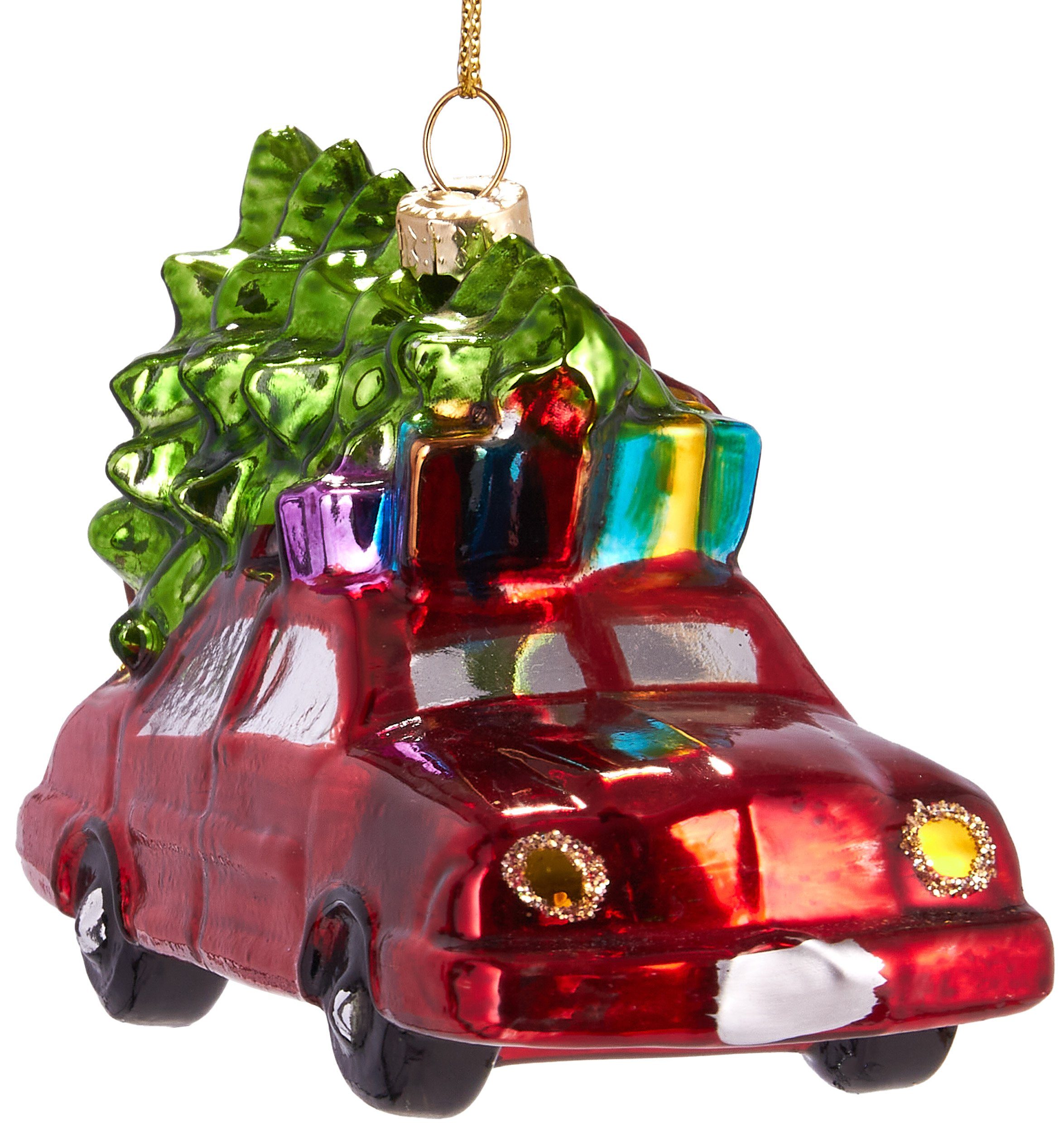 Christbaumschmuck Kunstvolle Baumkugel Auto mit Weihnachtsbaum - 12 cm