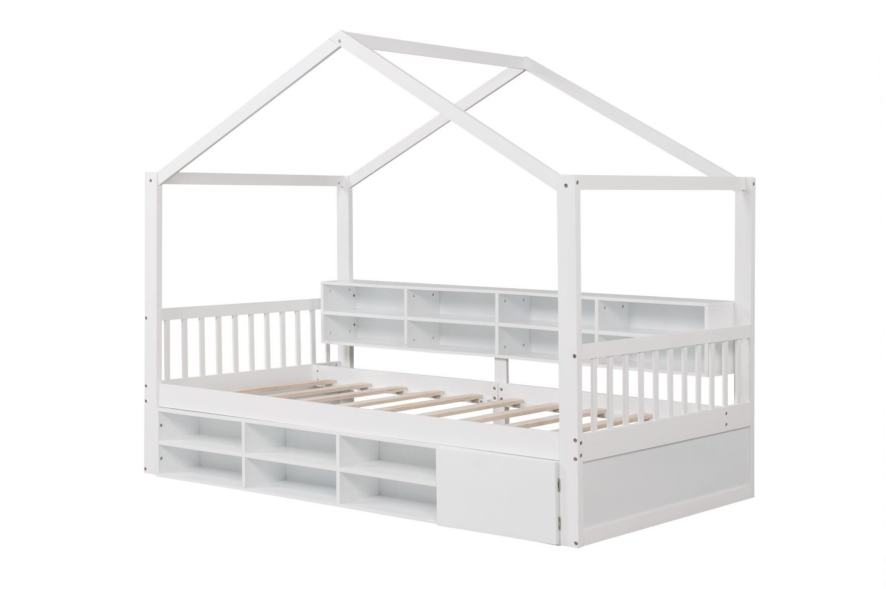 COSTWAY Kinderbett, Hausbett, mit 14 Fächern, Schrank, Lattenrost, 90x200 cm