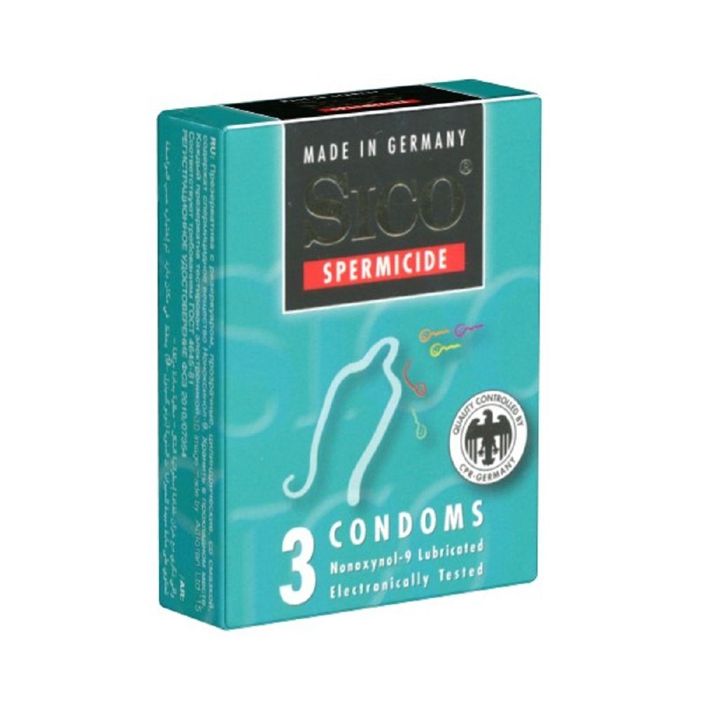 SICO Kondome Spermicide Packung mit, 3 St., Kondome mit Spermizid, spermizide Kondome für doppelten Schutz