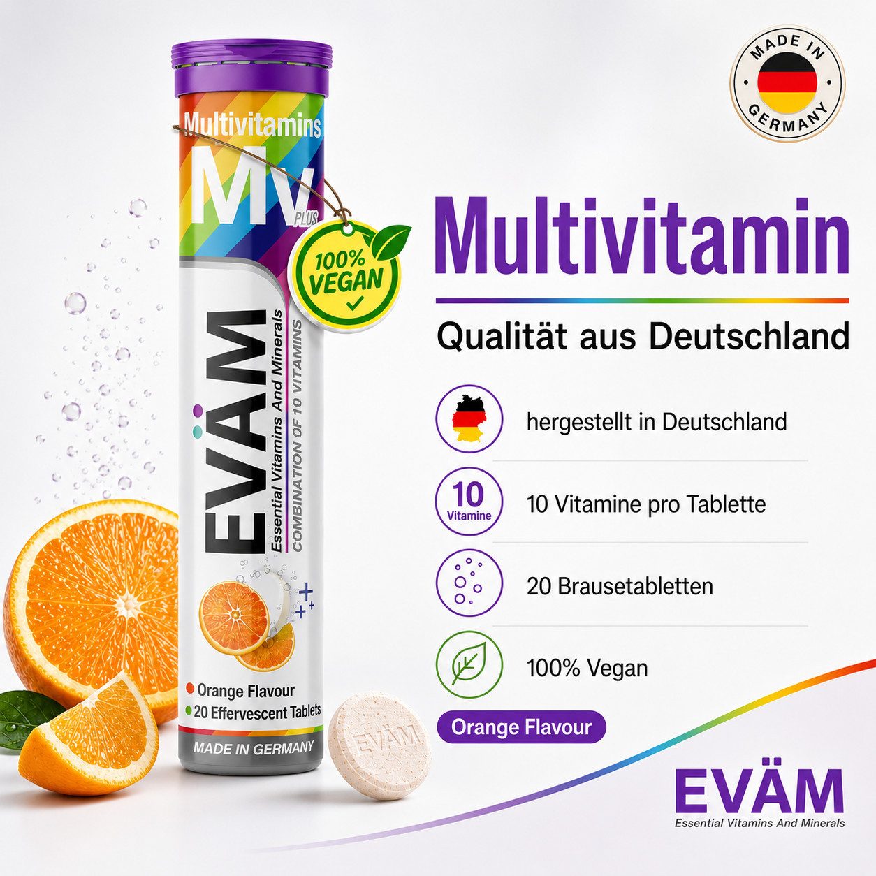 EVÄM Multivitamin Plus – 10 Vitamine in 1 Tablette, orange Brausetabletten, 3 er Rörchen à 20 St., 246 g, vegan und made in Germany