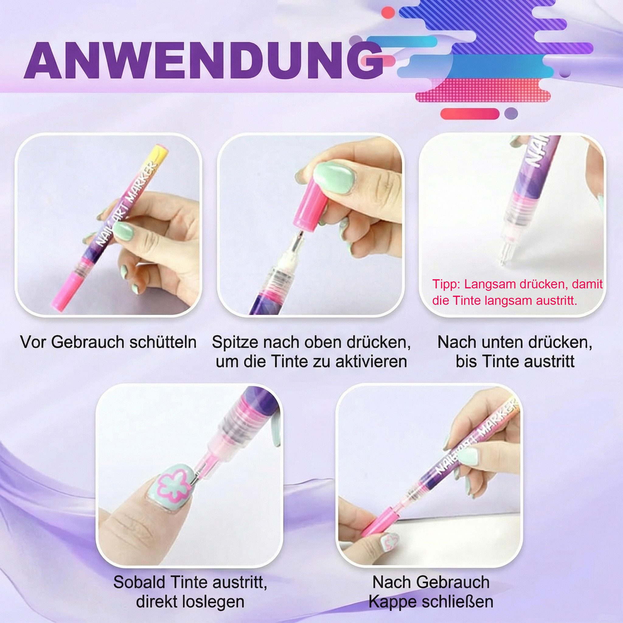 Xruiy Nageldesign Zubehör 12 Farben Nail Art Stifte Set, 0,5 mm Präzisionsspitze für feine Linien – Nail Art Pens für DIY Maniküre und kreatives Nageldesign 12-tlg.