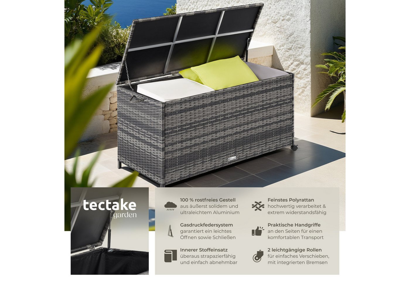 Thumbnail - tectake Gartenbox Auflagenbox (1 St., Auflagenbox), Aufbewahrungsbox mit Aluminiumgestell und Rattangeflecht