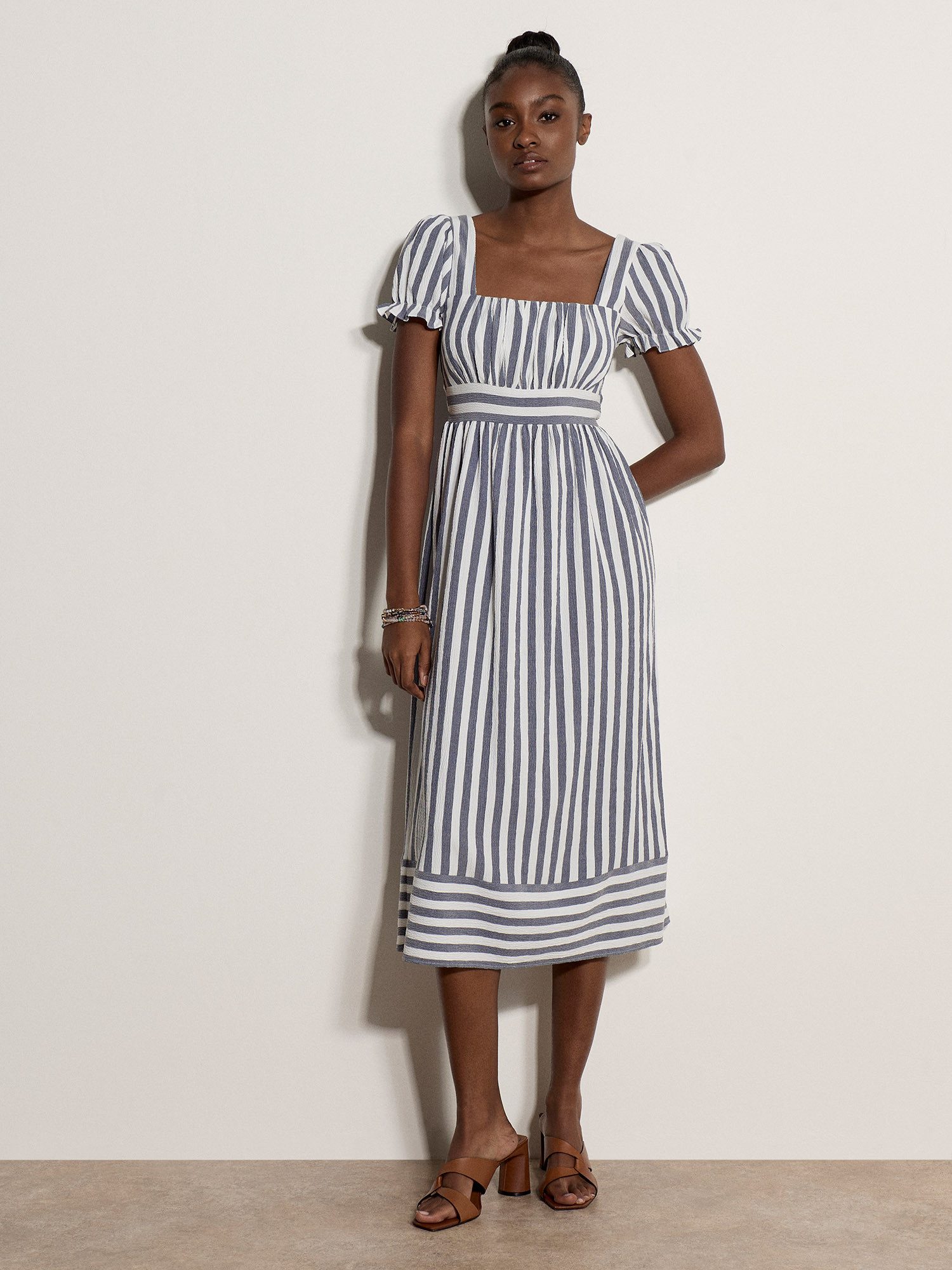 Apricot Midikleid Gestreiftes Midaxi-Kleid im Milchmädchen-Stil mit Raffung