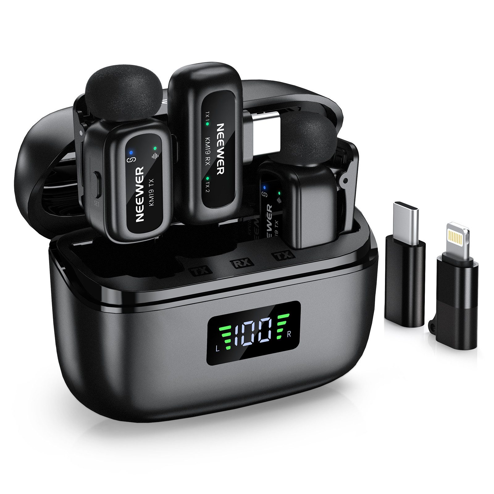 Neewer Mikrofon KM19 drahtloses Lavalier Mikrofon, 48kHz/24 Bit, 30h Akkulaufzeit (Packung), 3 stufige Geräuschunterdrückung Stummschaltung Stereo 100m Reichweite
