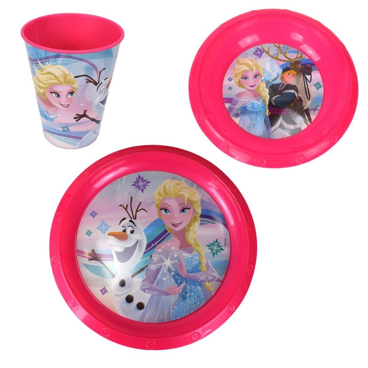 Marabellas Shop Geschirr-Set 3-tlg. Plastikgeschirr-Se für Kinder Disney Frozen oder Peppa Wutz, Kunststoff Pink
