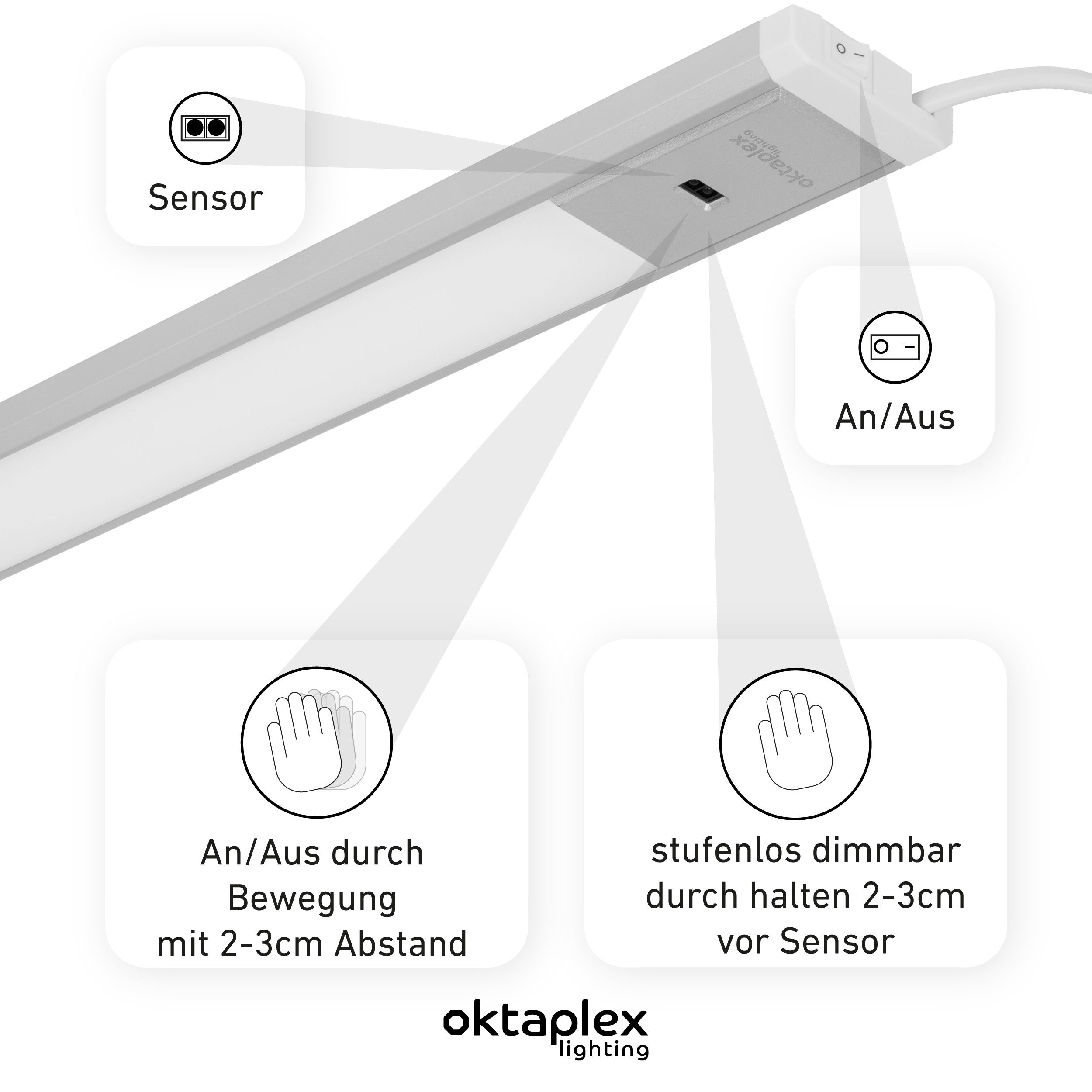 Oktaplex lighting LED Unterbauleuchte flach Unterbauleuchte Küche LED 40cm Alu 400lm 6W, Sensor für Gestensteuerung, LED, warmweiß, 3000K Lichtleiste Küche Alu mit Schalter