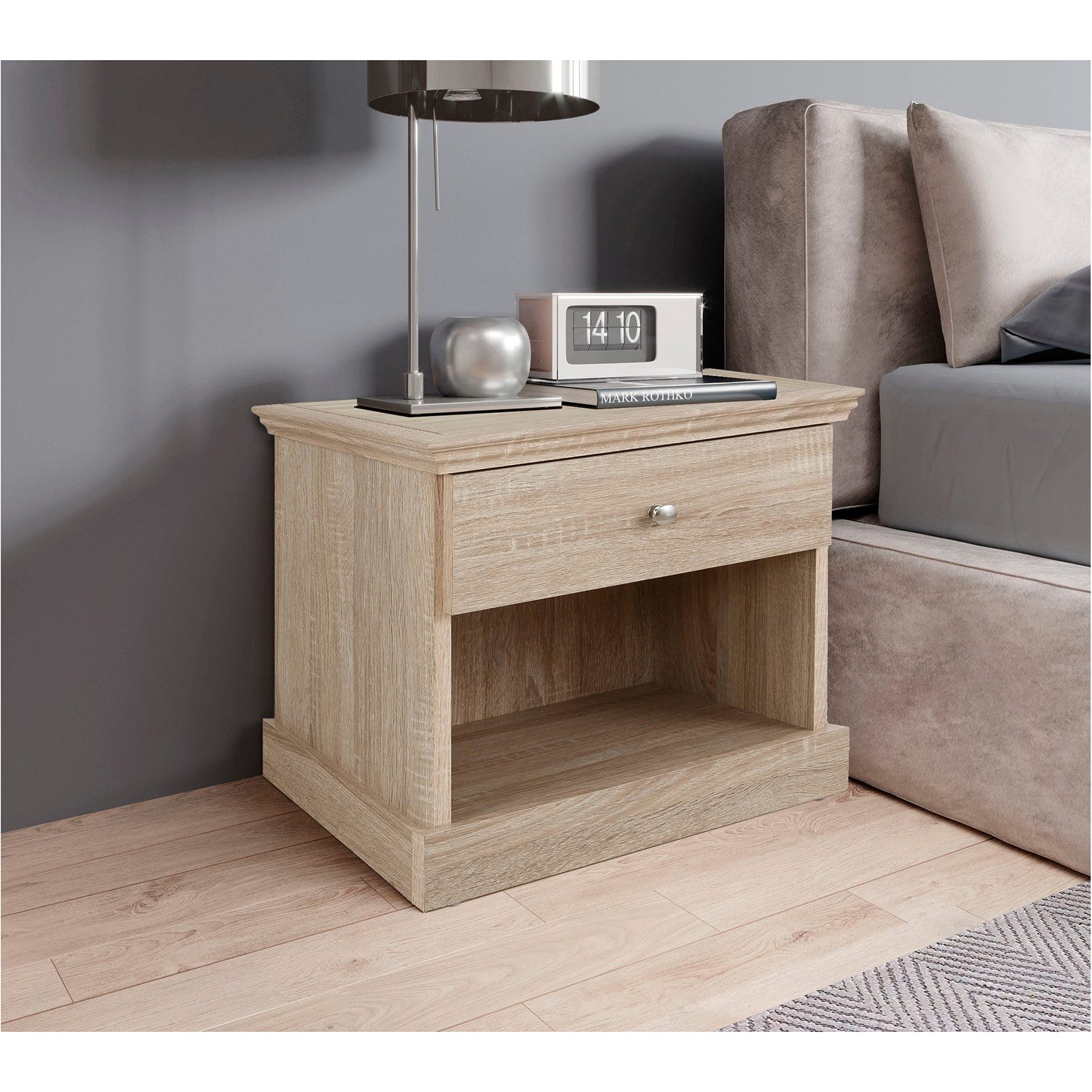 loft24 Nachtschrank Bruce Nachtkonsole mit Schublade, 1 offenes Fach, Spanplatte, Eicheoptik