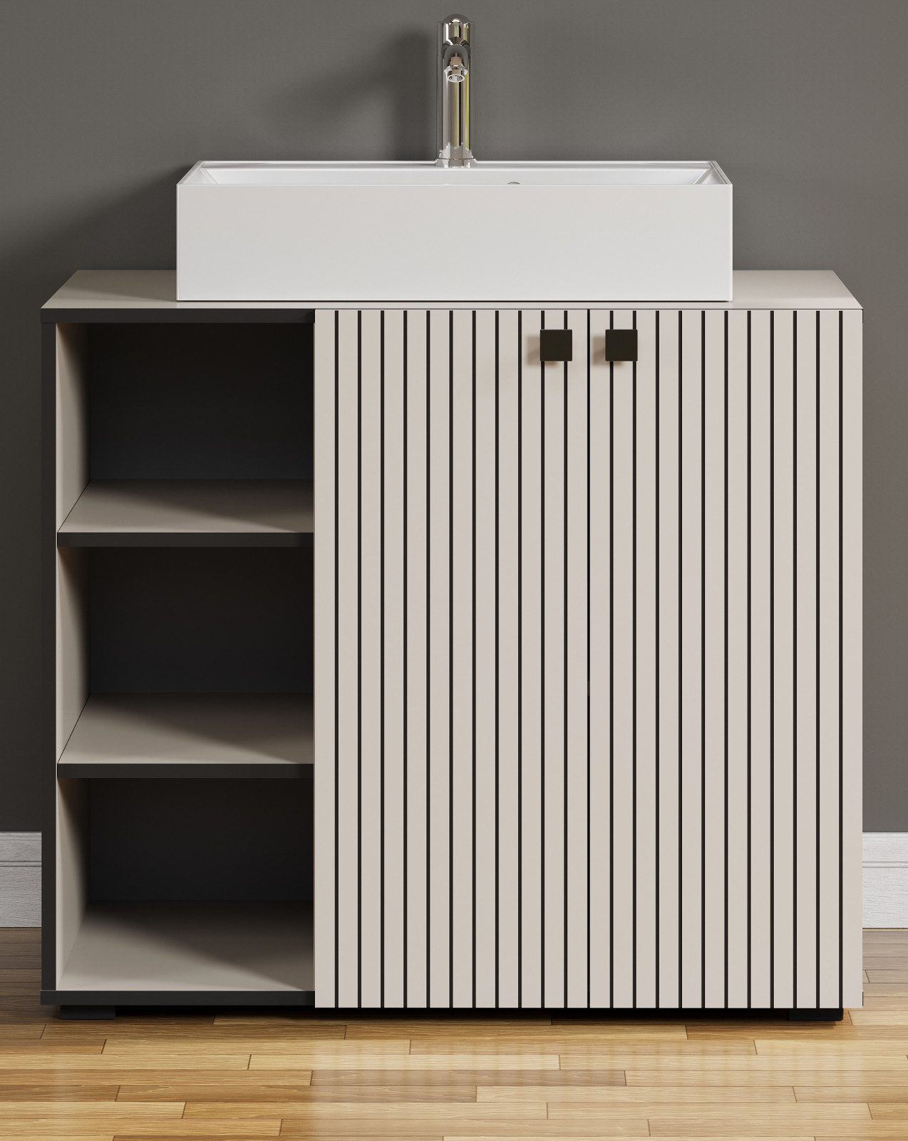 Furn.Design Waschtisch Calmed (Set Waschbeckenunterschrank mit Waschbecken, Kaschmir und Grau, Staboptik), Breite 90 cm