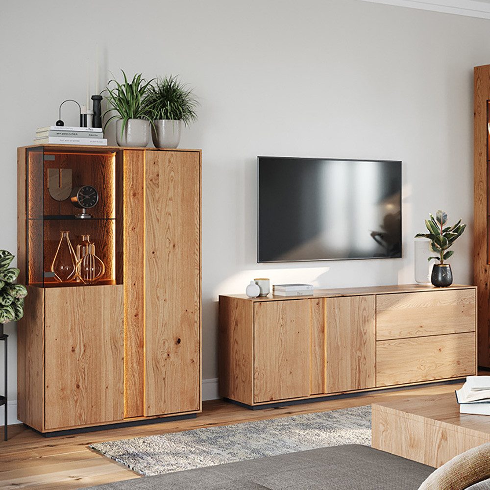 Lomadox Wohnwand CARISOLO-163, (2-St., Highboard Lowboard), Eiche massiv geölt, inkl. LED-Beleuchtung, montiert, grifflos