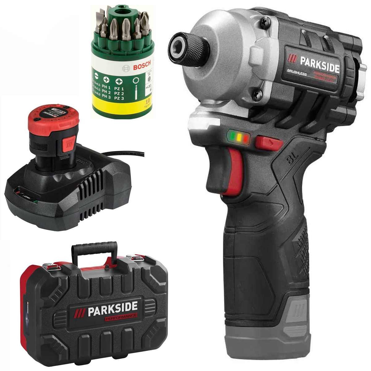 PARKSIDE PERFORMANCE® Akku-Drehschlagschrauber 12V Akku-Drehschlagschrauber PDSSAP 12 Akku 2 Ah + Bosch Bitset 10 tlg