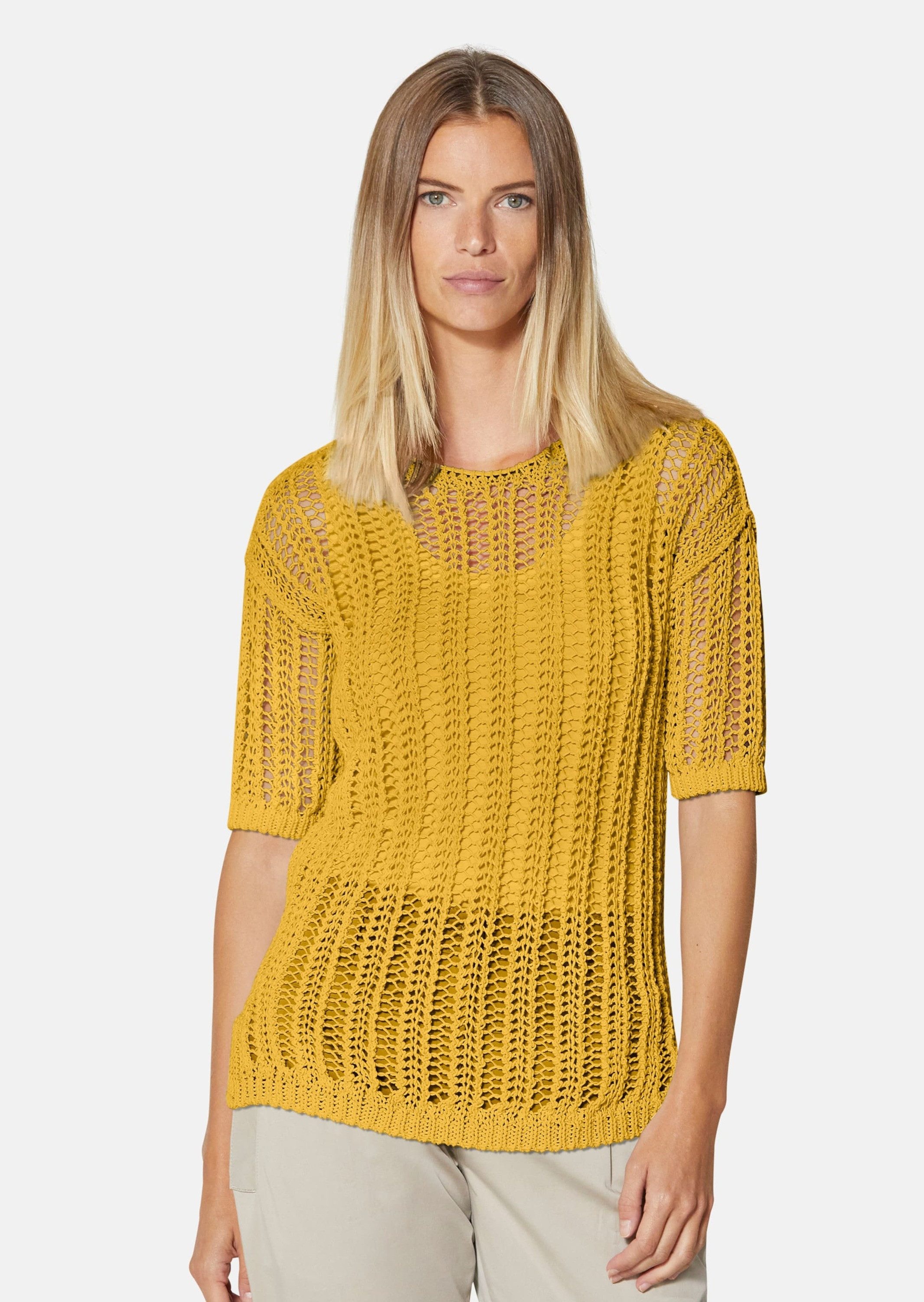 MADELEINE Strickpullover Luftiger Sommerpullover mit Ajour-Muster Baumwollshirt mit Seitenschlitzen, Rundhals und Halbarm
