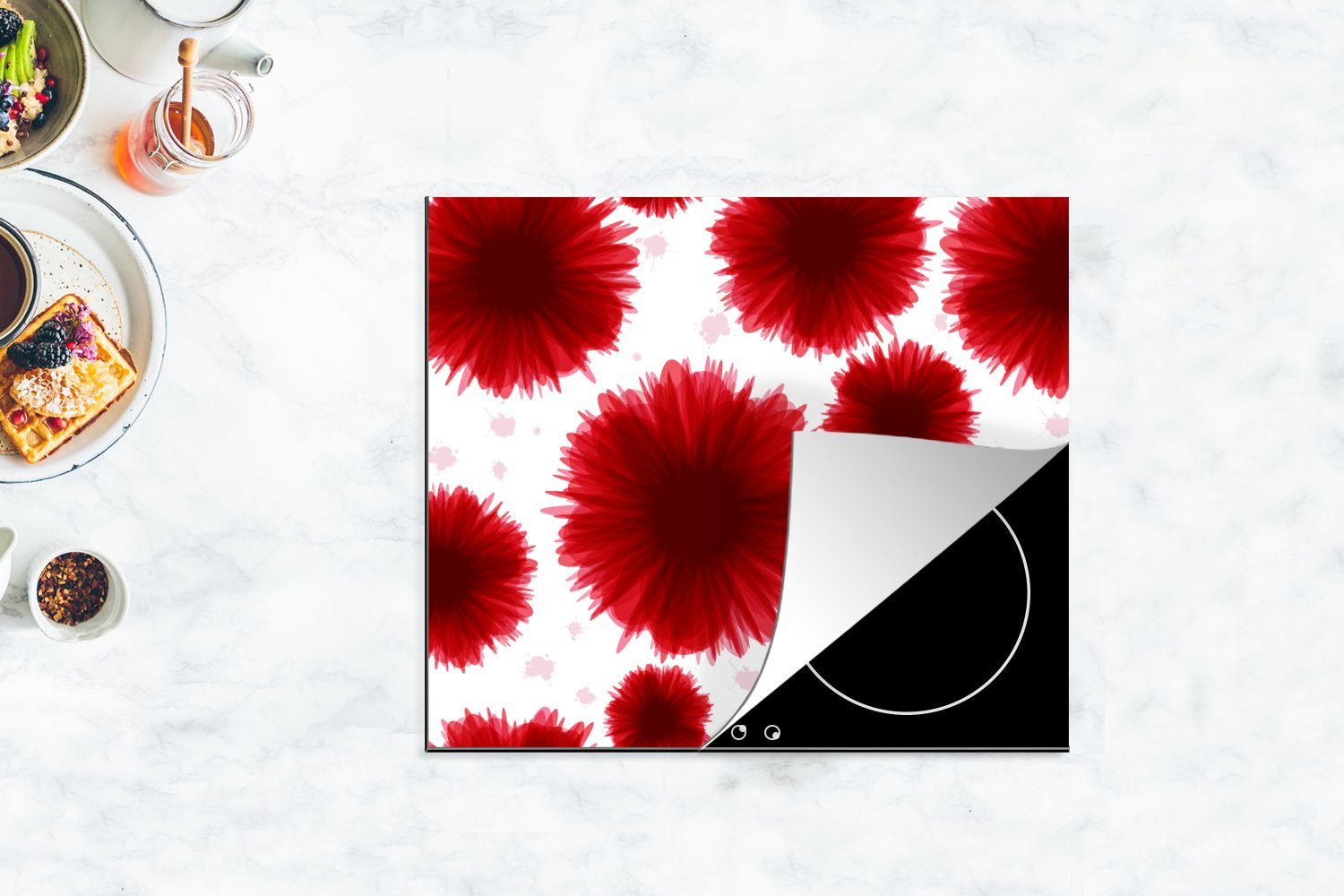 Herdblende-/Abdeckplatte nutzbar, Aquarellfarbe Vinyl, Mobile Ceranfeldabdeckung Arbeitsfläche - 60x52 (1 - MuchoWow Blumen, tlg), cm, Rot