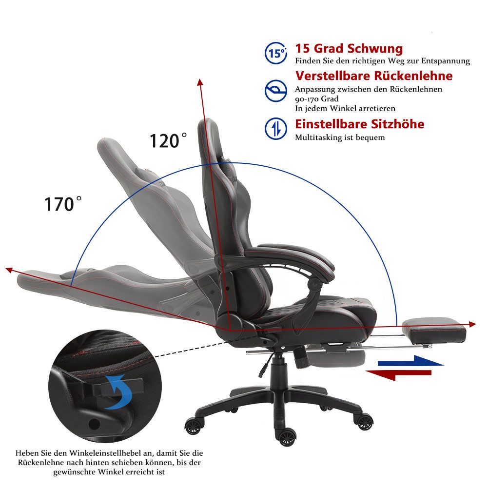 Dowinx Gaming-Stuhl Dowinx Luxuriöser Gaming Stuhl Ergonomisch aus PU Leder (Packung), Massage-Lendenstütze & Fußstütze, Verstellbarer Bürostuhl 90°-170°