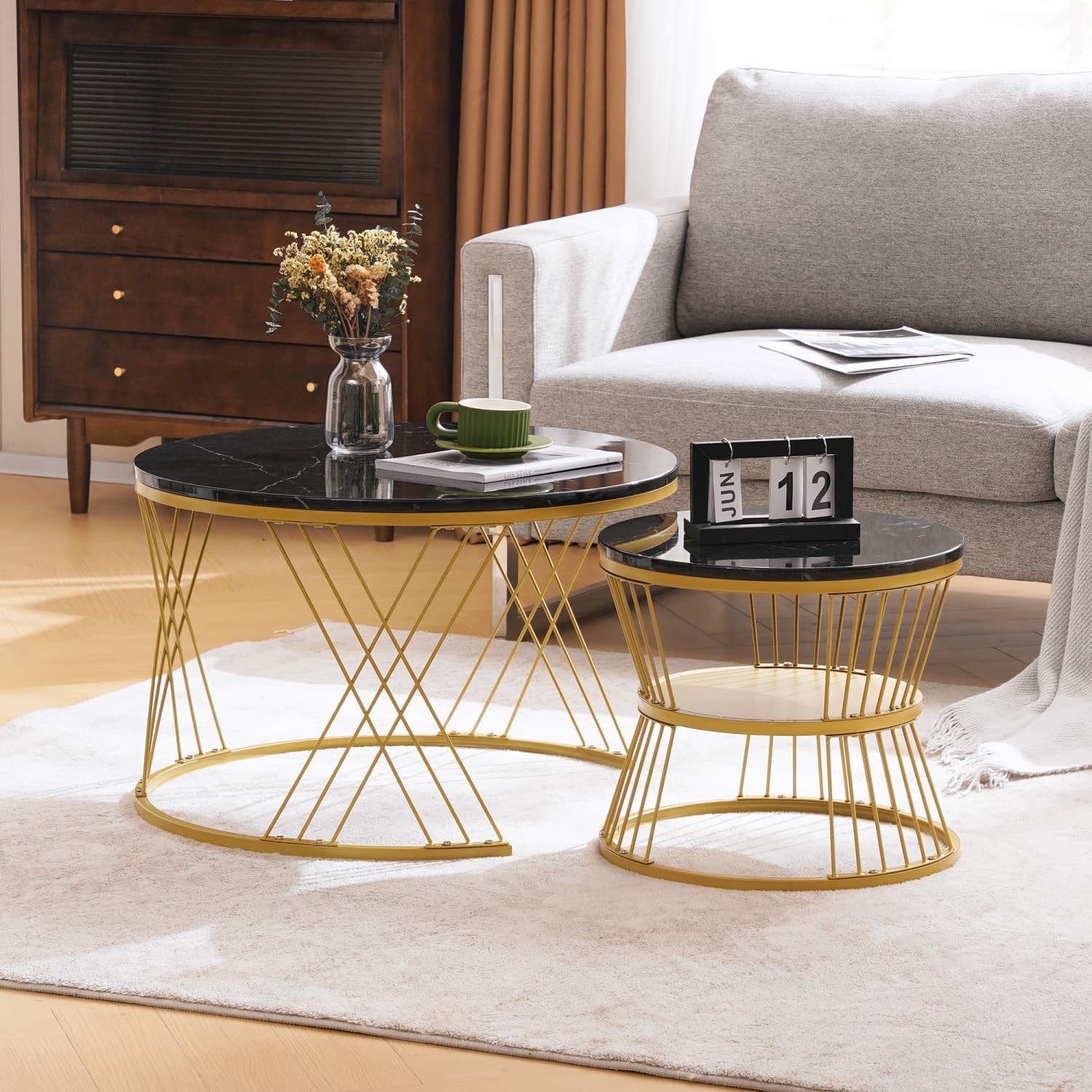 autolock Couchtisch Moderne Nesting Couchtisch, Hochglanz Couchtisch Satz,Satz von 2, Marmor Furnier Sofa Seite Nest von Tischen Runde Endtische,Golden