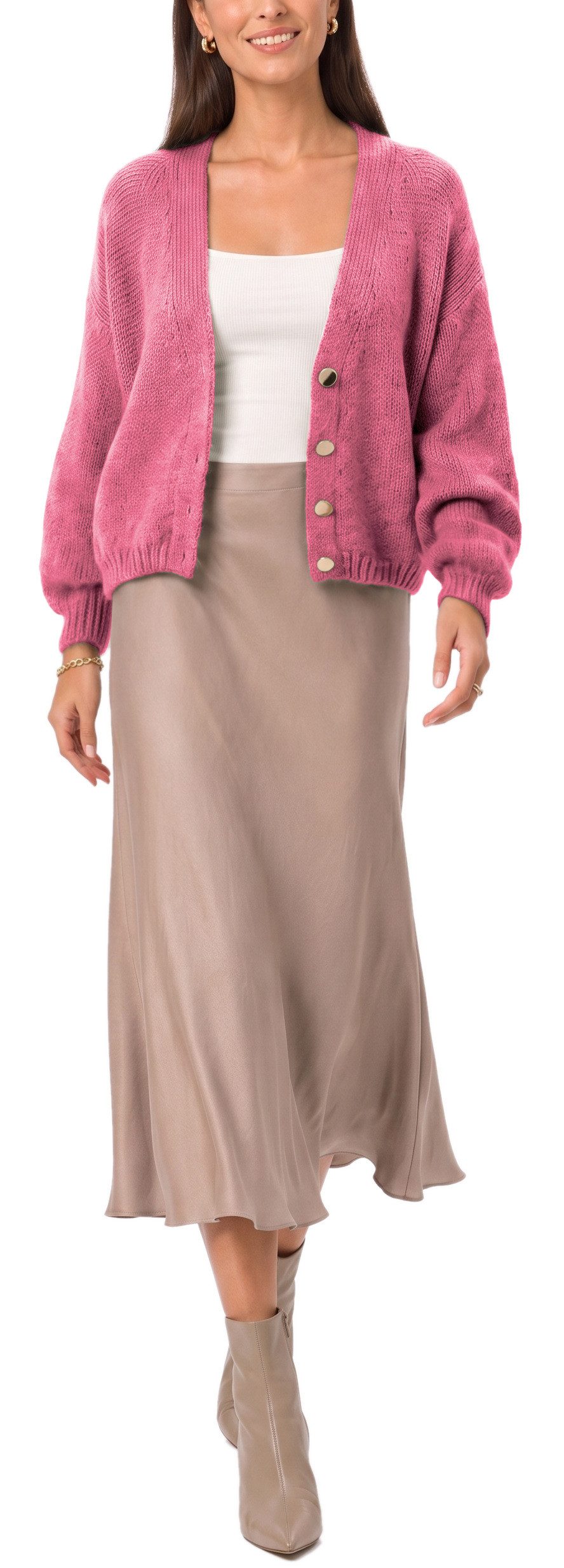 dy_mode Strickjacke Damen Cardigan Grobstrick Strickjacke V-Ausschnitt Übergangsjacke Grobstrick, in Unifarbe, V-Ausschnitt – Bild 3 von 5