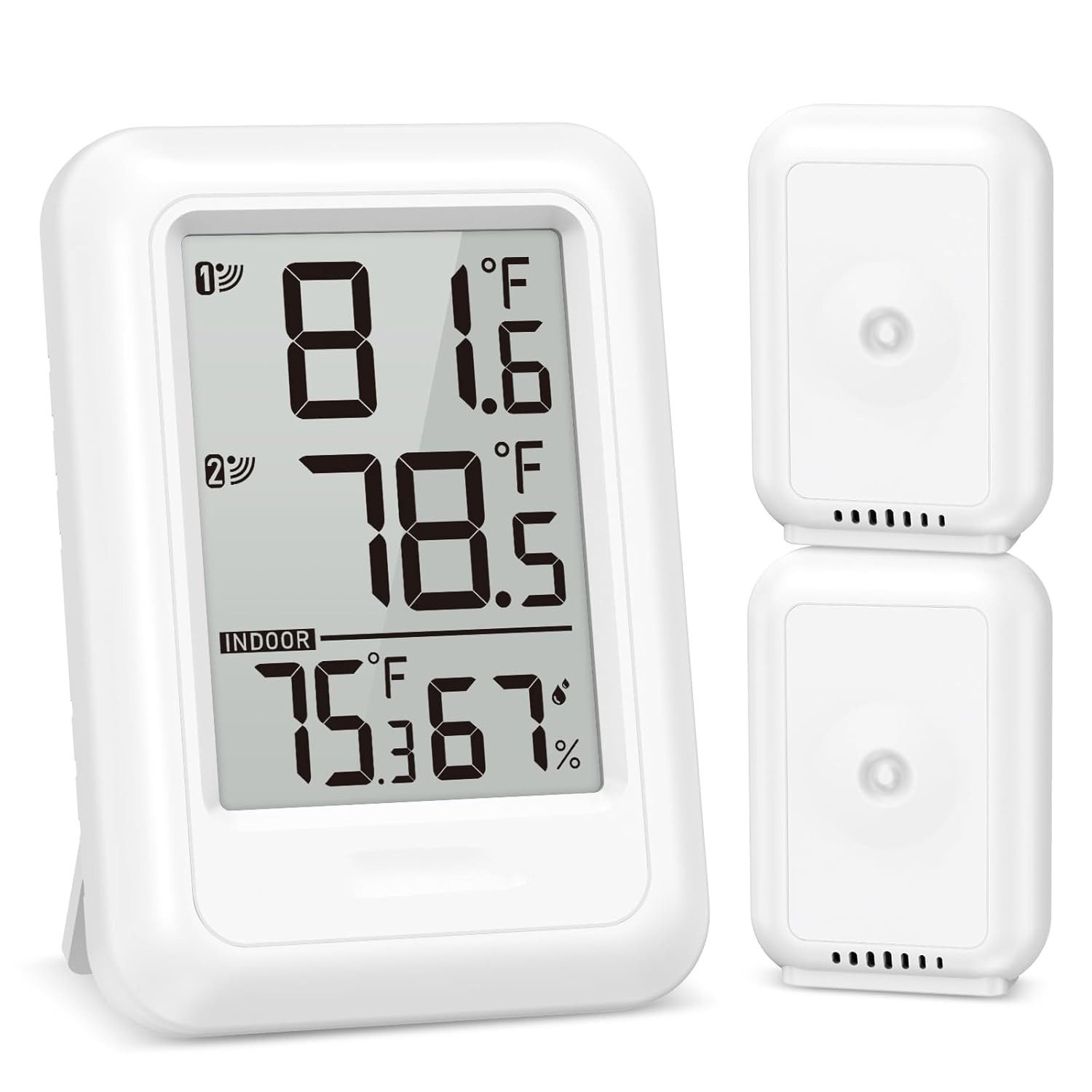 Toomoke Funk Thermo-Hygrometer,Wetterstation mit 2 Außensensor,℃/℉ Schalter Wetterstation (Thermometer für Zuhause, Büro,Reichweite bis zu 100m)
