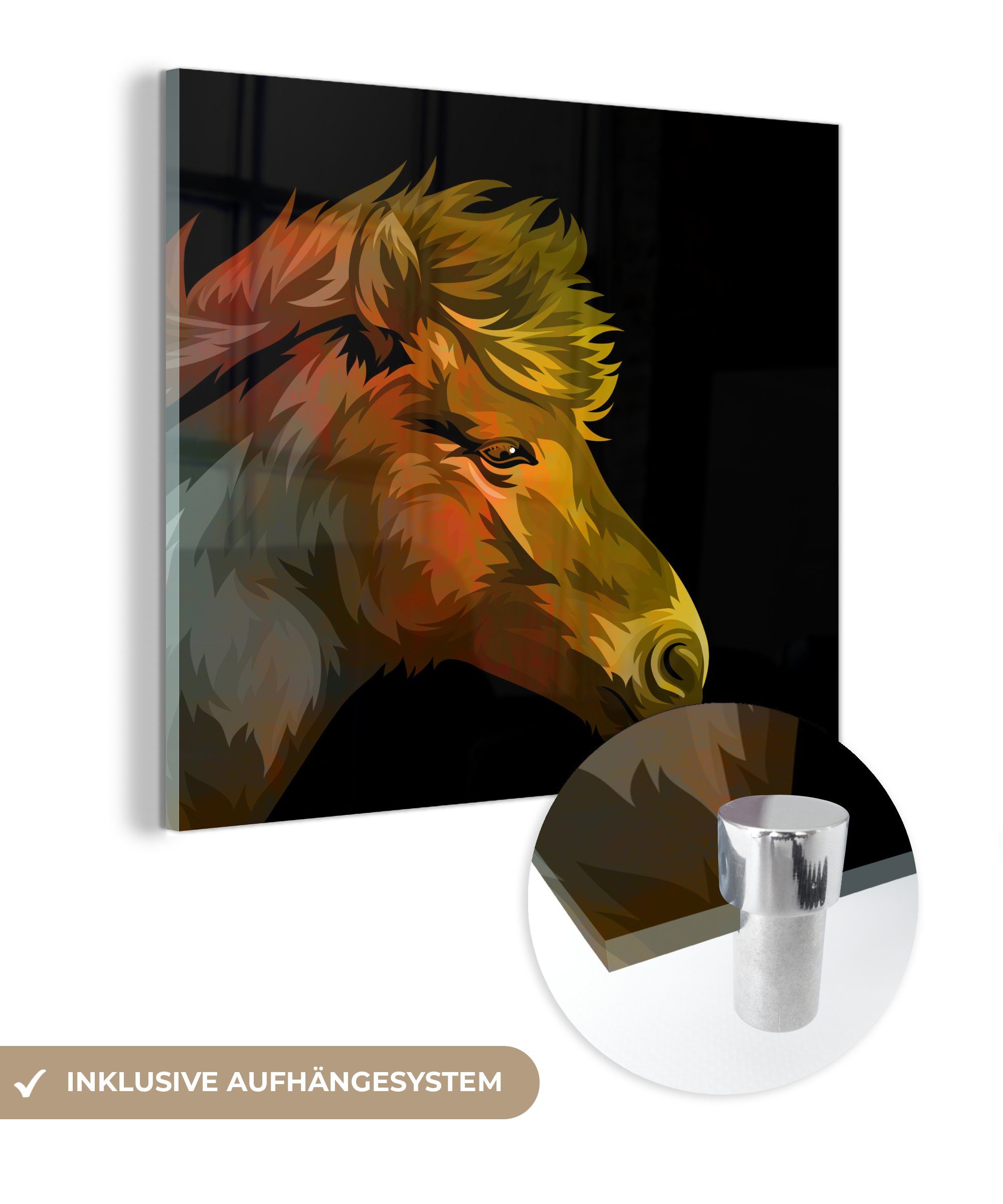 MuchoWow Acrylglasbild Pferd - Gelb - Rot - Mädchen - Kinder - Mädchen, (1 St), Glasbilder - Bilder auf Glas Wandbild - Foto auf Glas - Wanddekoration