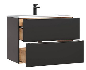 einfachgutemoebel Waschtisch-Set Bad-Set CAPRI 80cm 4-tlg., Aufsatz-Becken weiß, schwarz-goldeiche