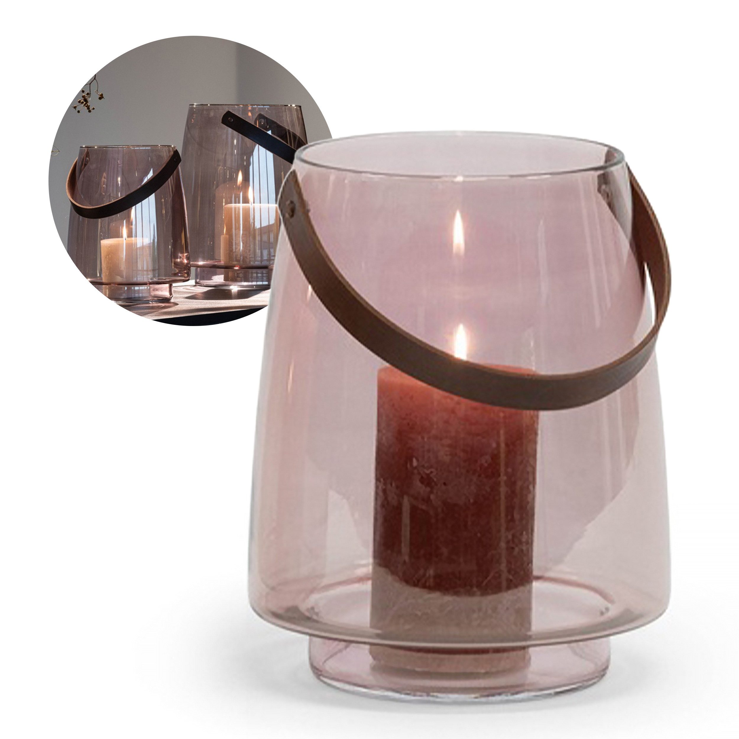 coco+cozy Bodenwindlicht Windlicht Linnea L/L Ø 22,5x28cm, mundgeblasenes Glas, mundgeblasen, Designobjekt, Henkel aus Leder